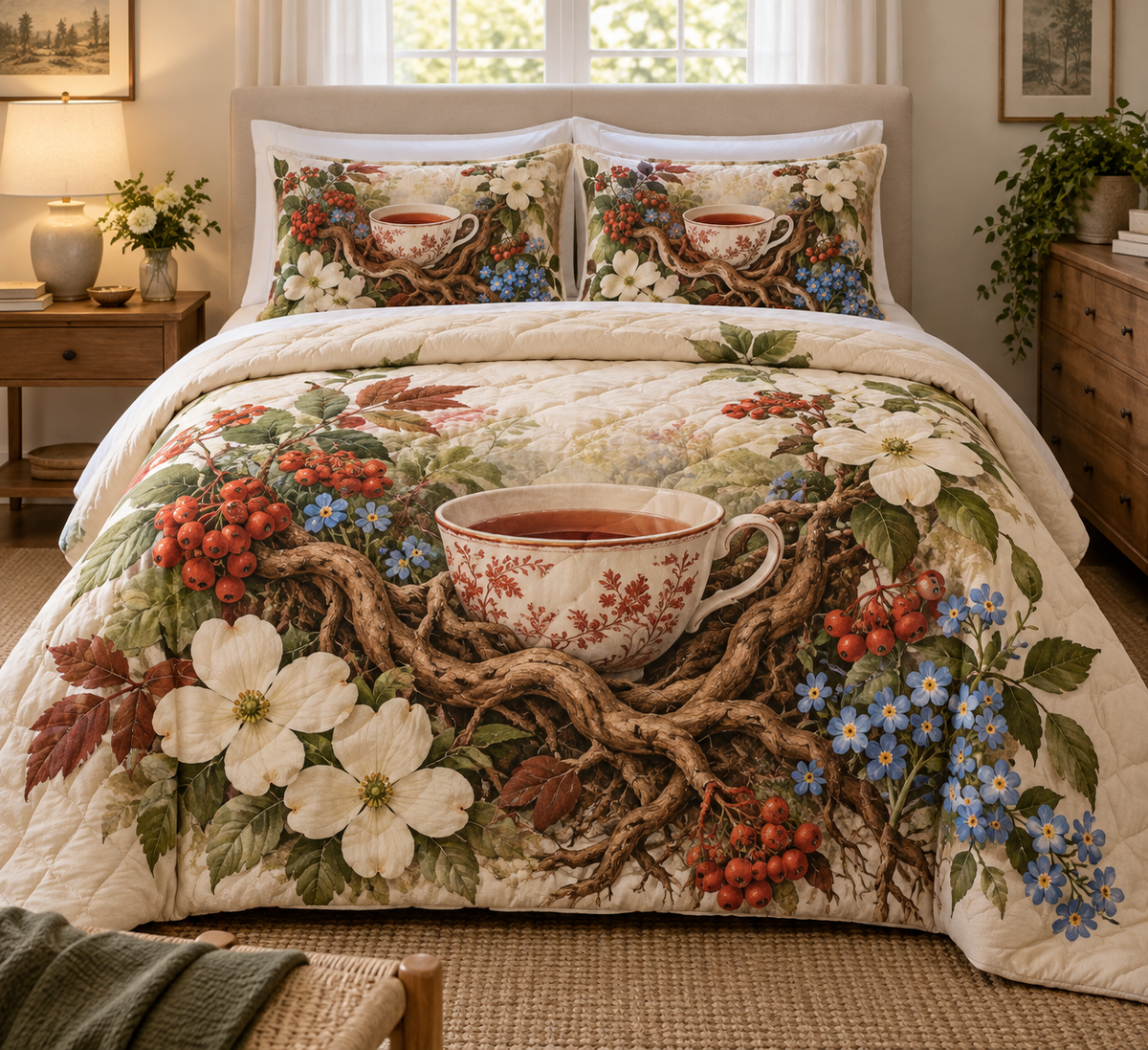 Rowan Teacup Grove Quilted Bedding Set with printed optical 3D artwork in its use setting