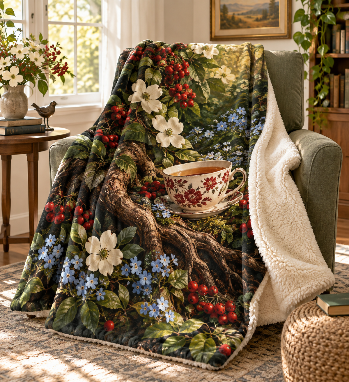 Rowan Teacup Grove Sherpa & Fleece Blanket with printed optical 3D artwork in its use setting
