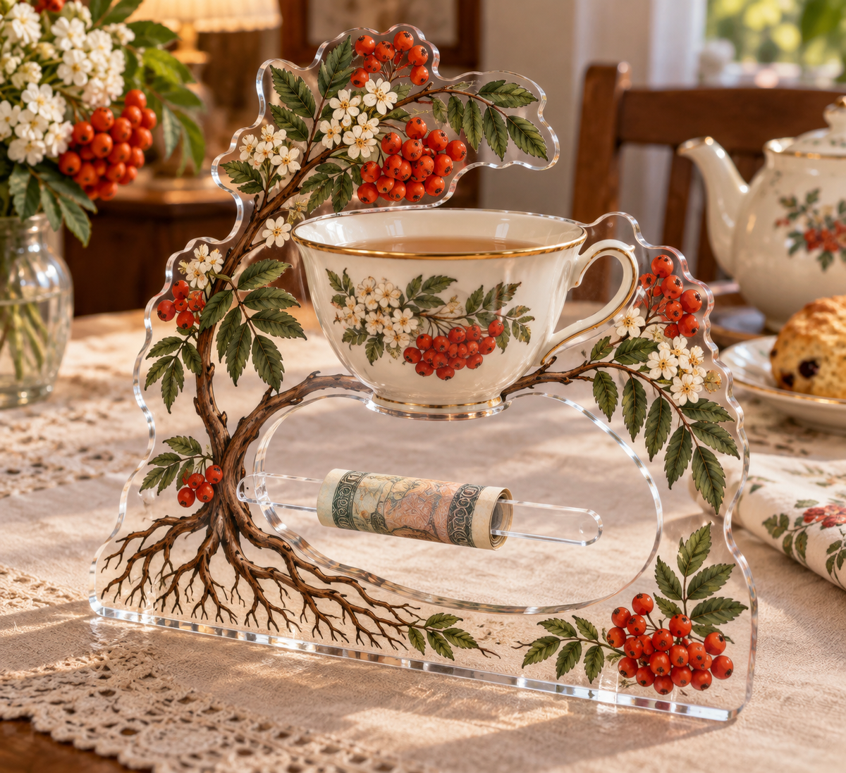 Rowan Teacup Grove Acrylic Cash Holder Ornament with printed optical 3D artwork in its use setting