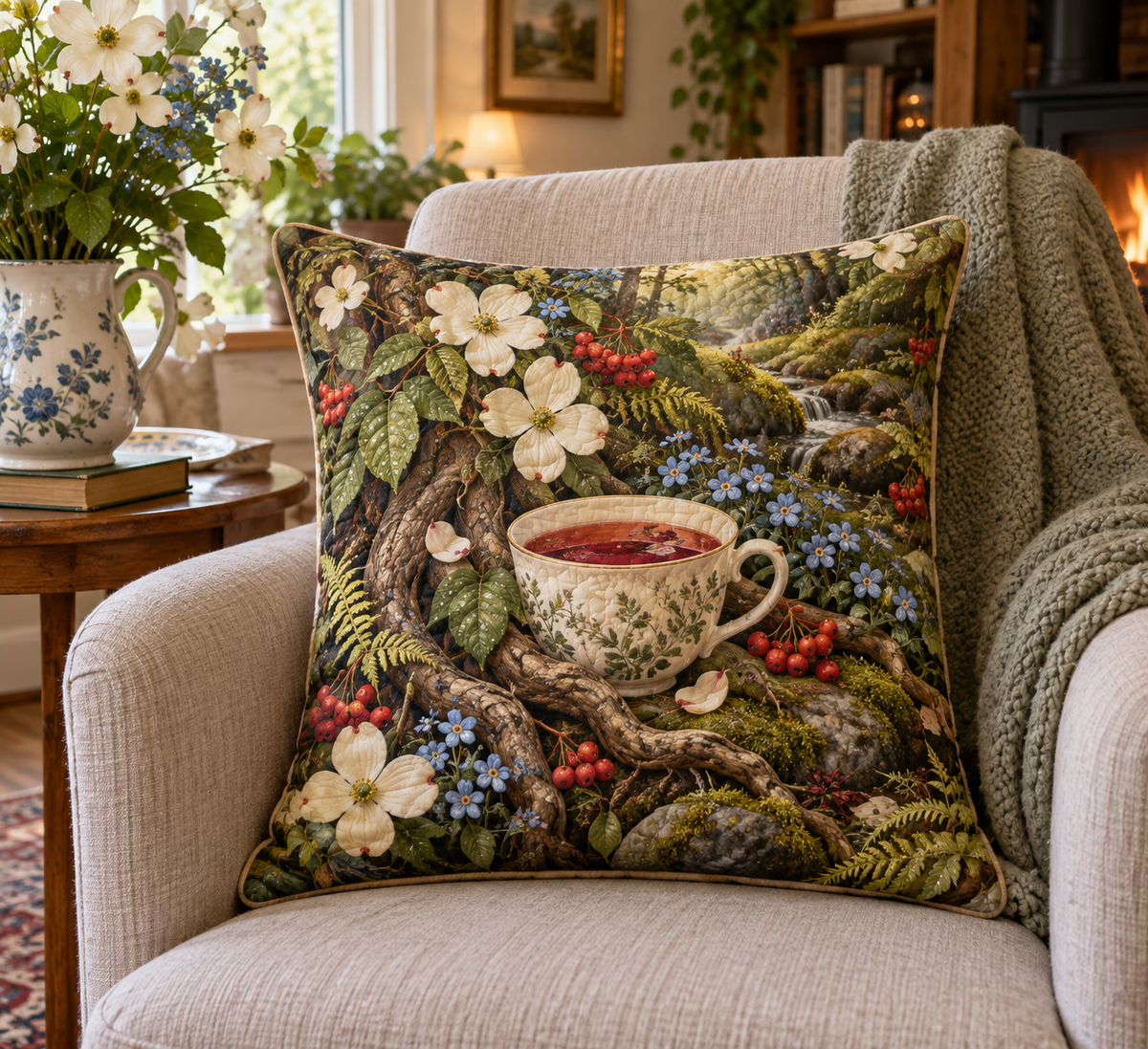 Rowan Teacup Grove Quilted Cushion Cover with printed optical 3D artwork in its use setting