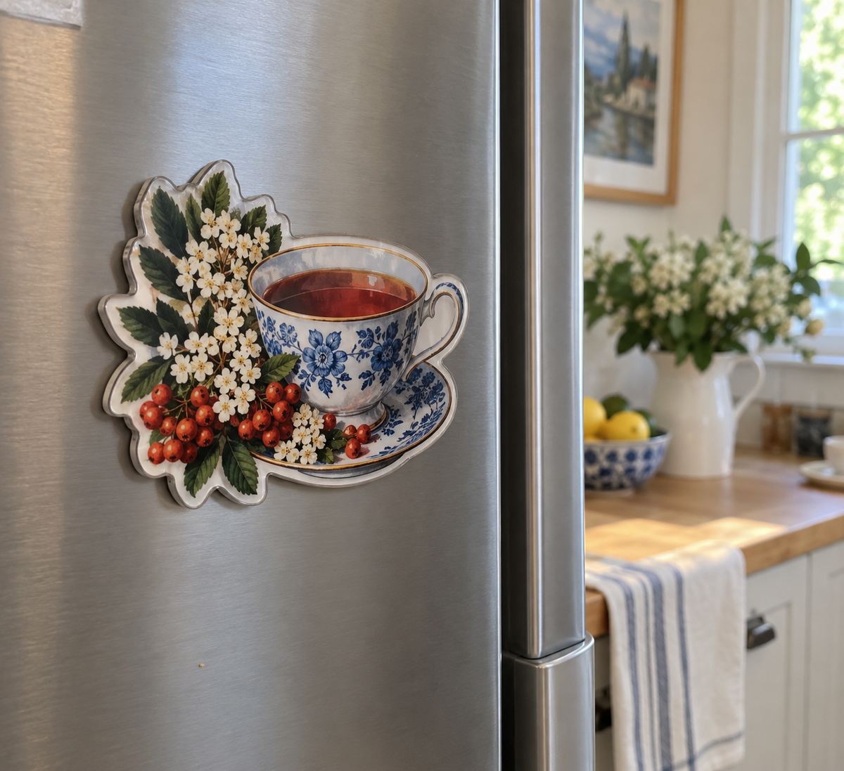 Rowan Teacup Grove Acrylic Refrigerator Magnet with printed optical 3D artwork in its use setting