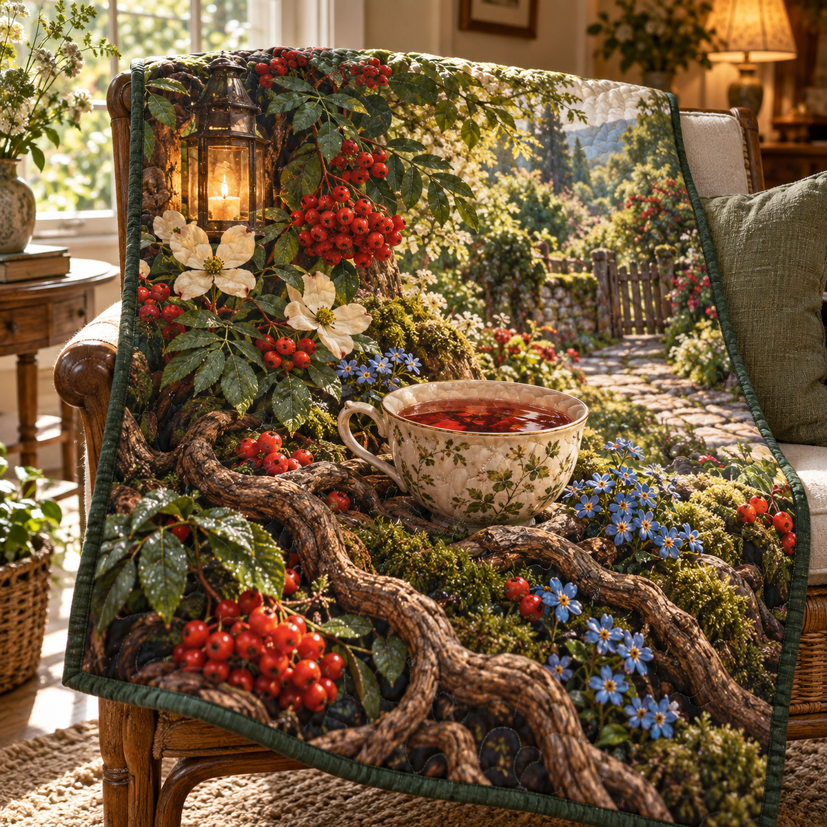 Rowan Teacup Grove Quilt Blanket with printed optical 3D artwork in its use setting