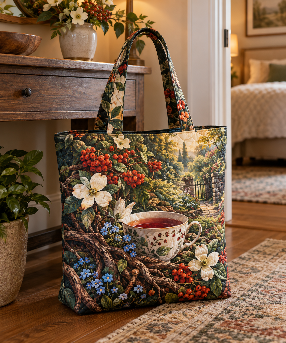 Rowan Teacup Grove Quilted Tote Bag with printed optical 3D artwork in its use setting