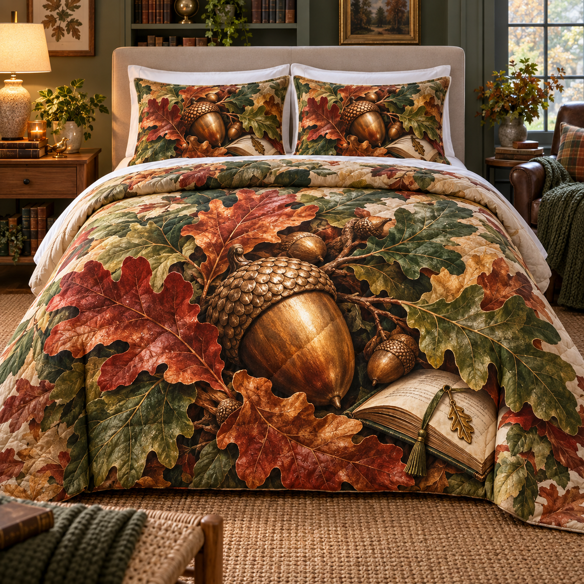 Acornlight Reading Nook Quilted Bedding Set with printed optical 3D artwork in its use setting