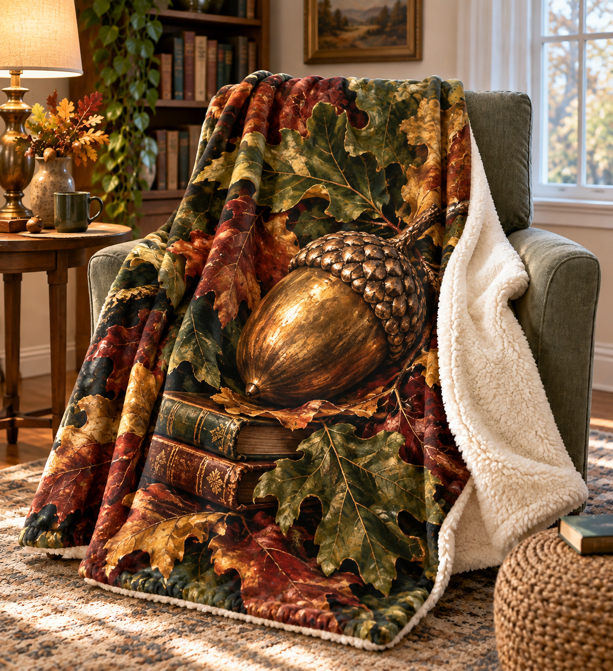 Acornlight Reading Nook Sherpa & Fleece Blanket with printed optical 3D artwork in its use setting