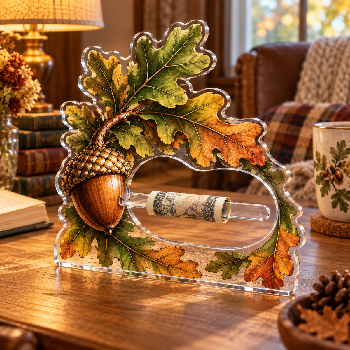 Acornlight Reading Nook Acrylic Cash Holder Ornament with printed optical 3D artwork in its use setting