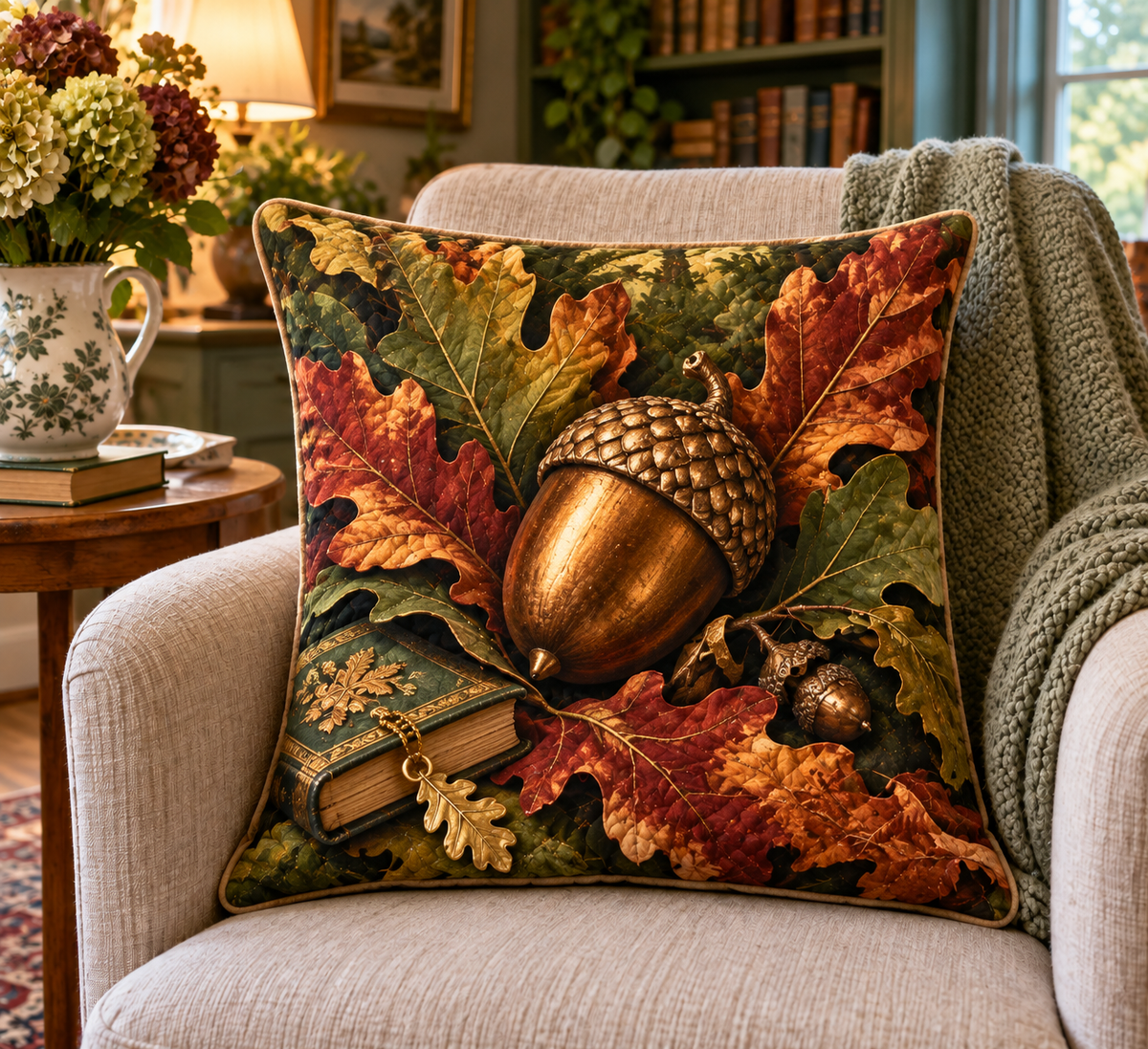 Acornlight Reading Nook Quilted Cushion Cover with printed optical 3D artwork in its use setting