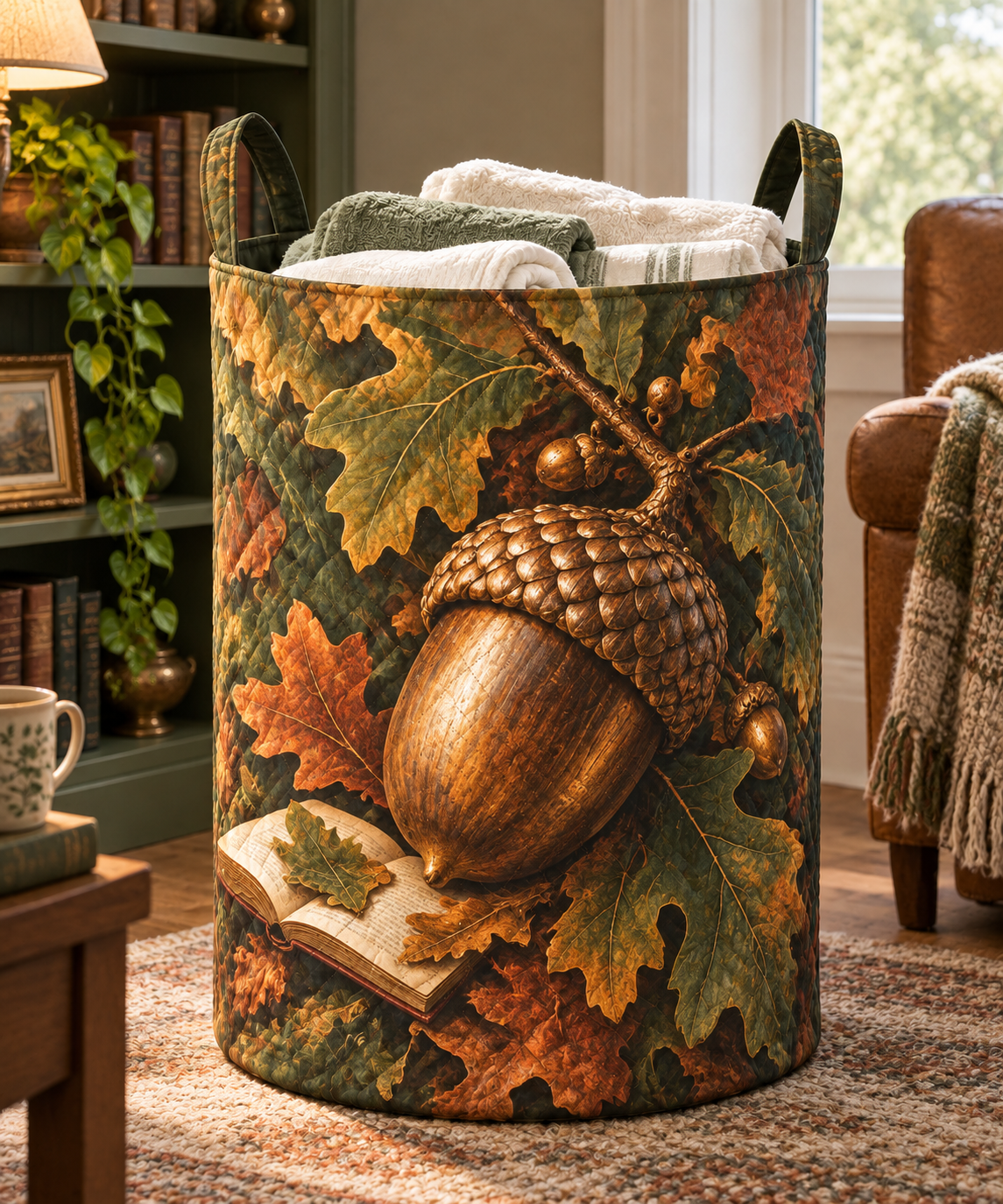 Acornlight Reading Nook Laundry Hamper with printed optical 3D artwork in its use setting
