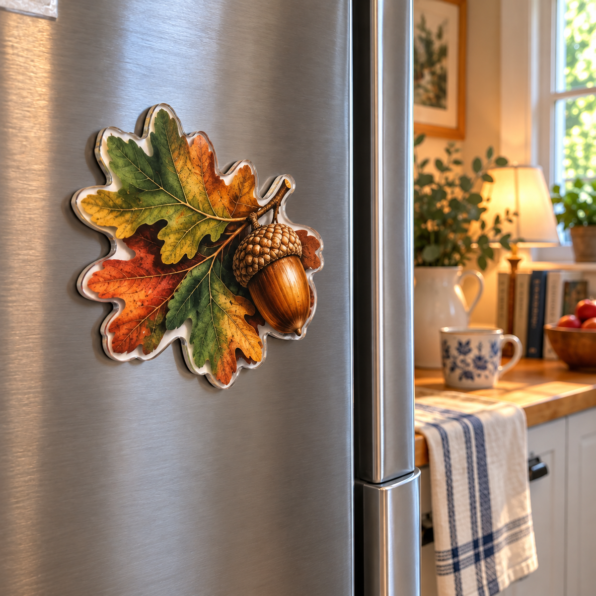 Acornlight Reading Nook Acrylic Refrigerator Magnet with printed optical 3D artwork in its use setting