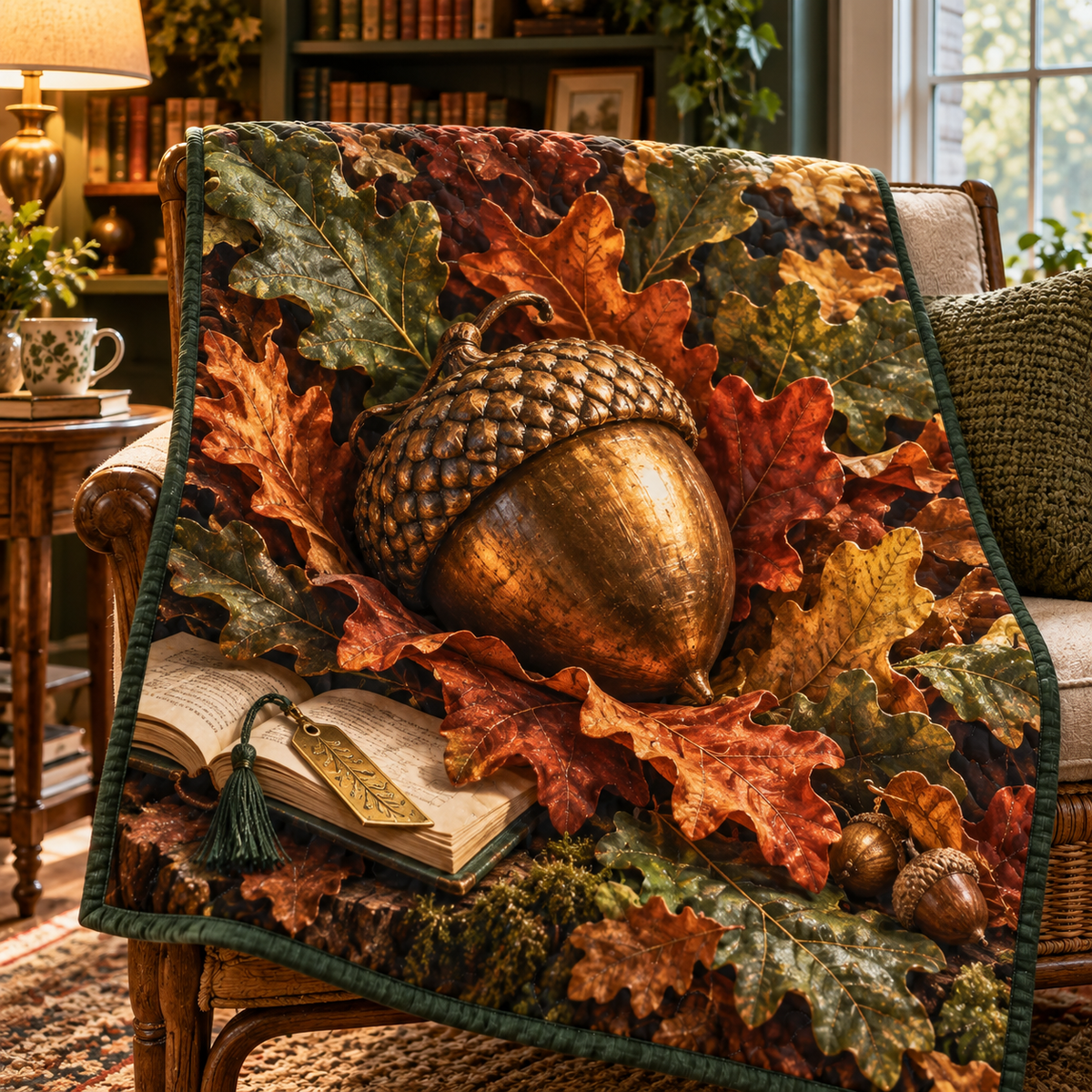 Acornlight Reading Nook Quilt Blanket with printed optical 3D artwork in its use setting