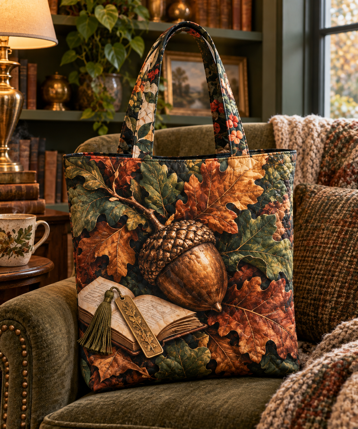 Acornlight Reading Nook Quilted Tote Bag with printed optical 3D artwork in its use setting