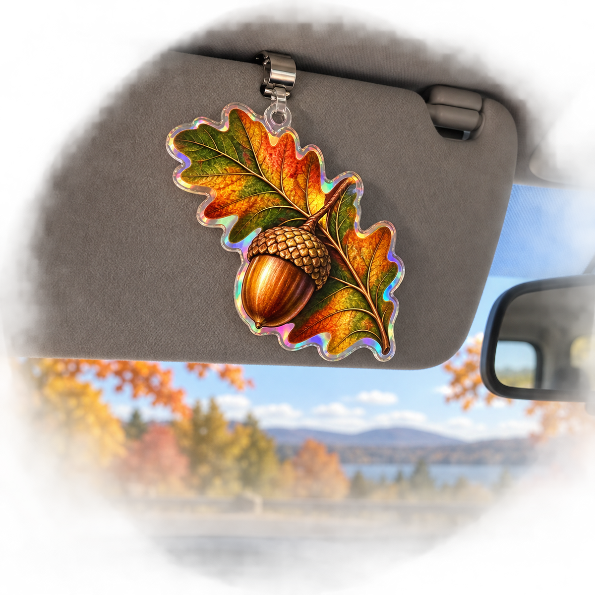Acornlight Reading Nook Holographic Car Visor Clip with printed optical 3D artwork in its use setting