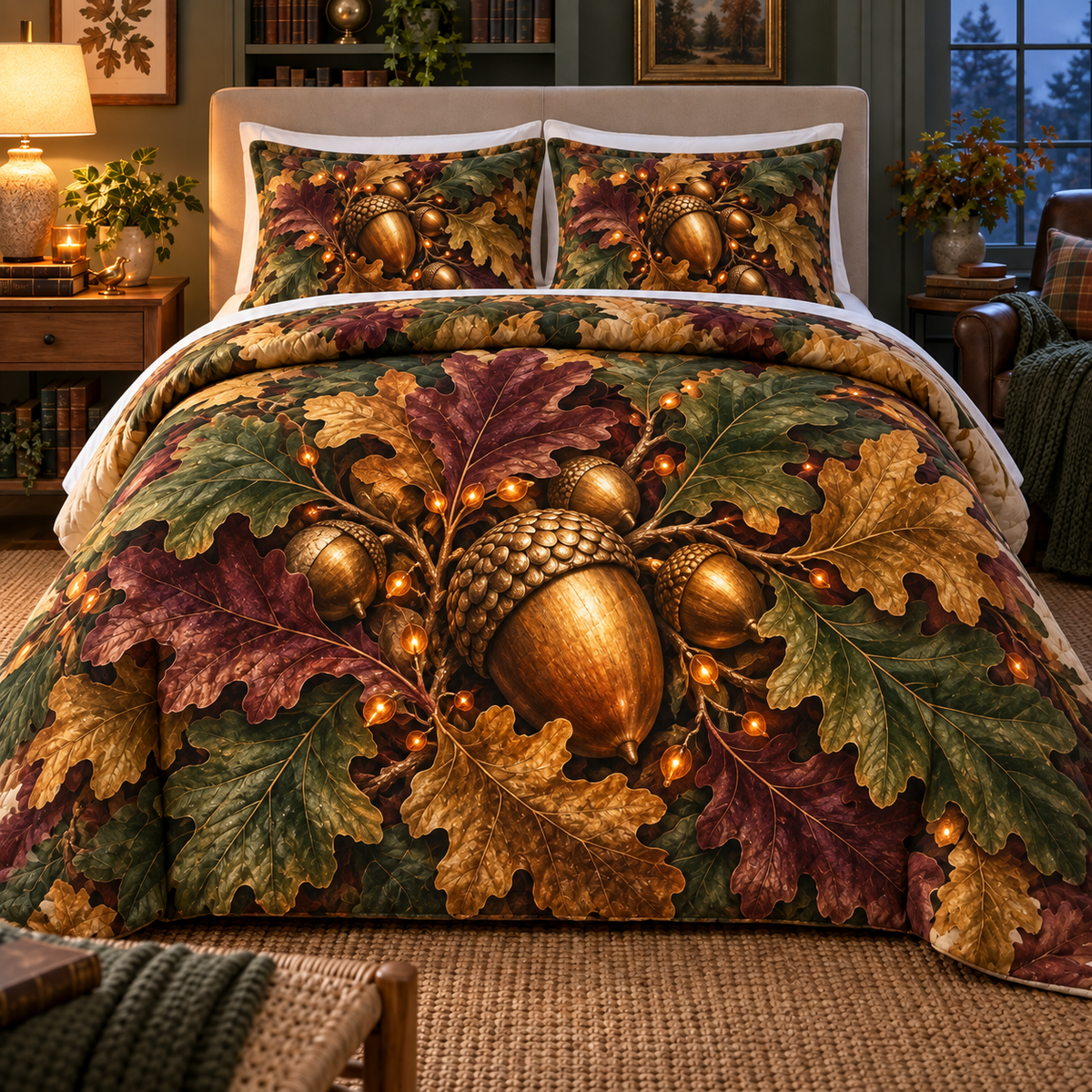 Copper Acorn Canopy Bedroom Quilted Bedding Set with printed optical 3D artwork in its use setting