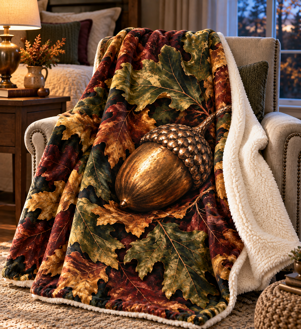 Copper Acorn Canopy Bedroom Sherpa & Fleece Blanket with printed optical 3D artwork in its use setting
