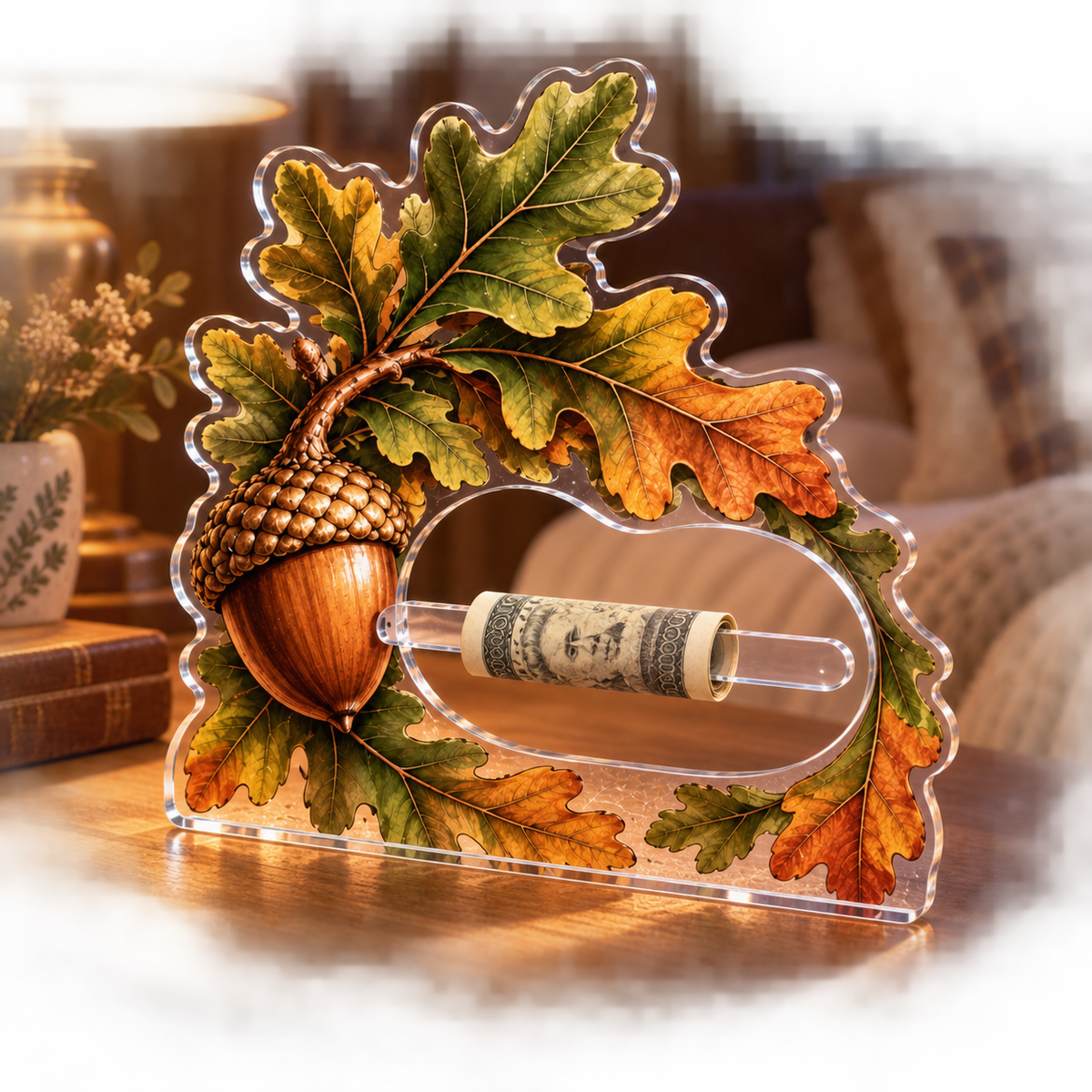 Copper Acorn Canopy Bedroom Acrylic Cash Holder Ornament with printed optical 3D artwork in its use setting