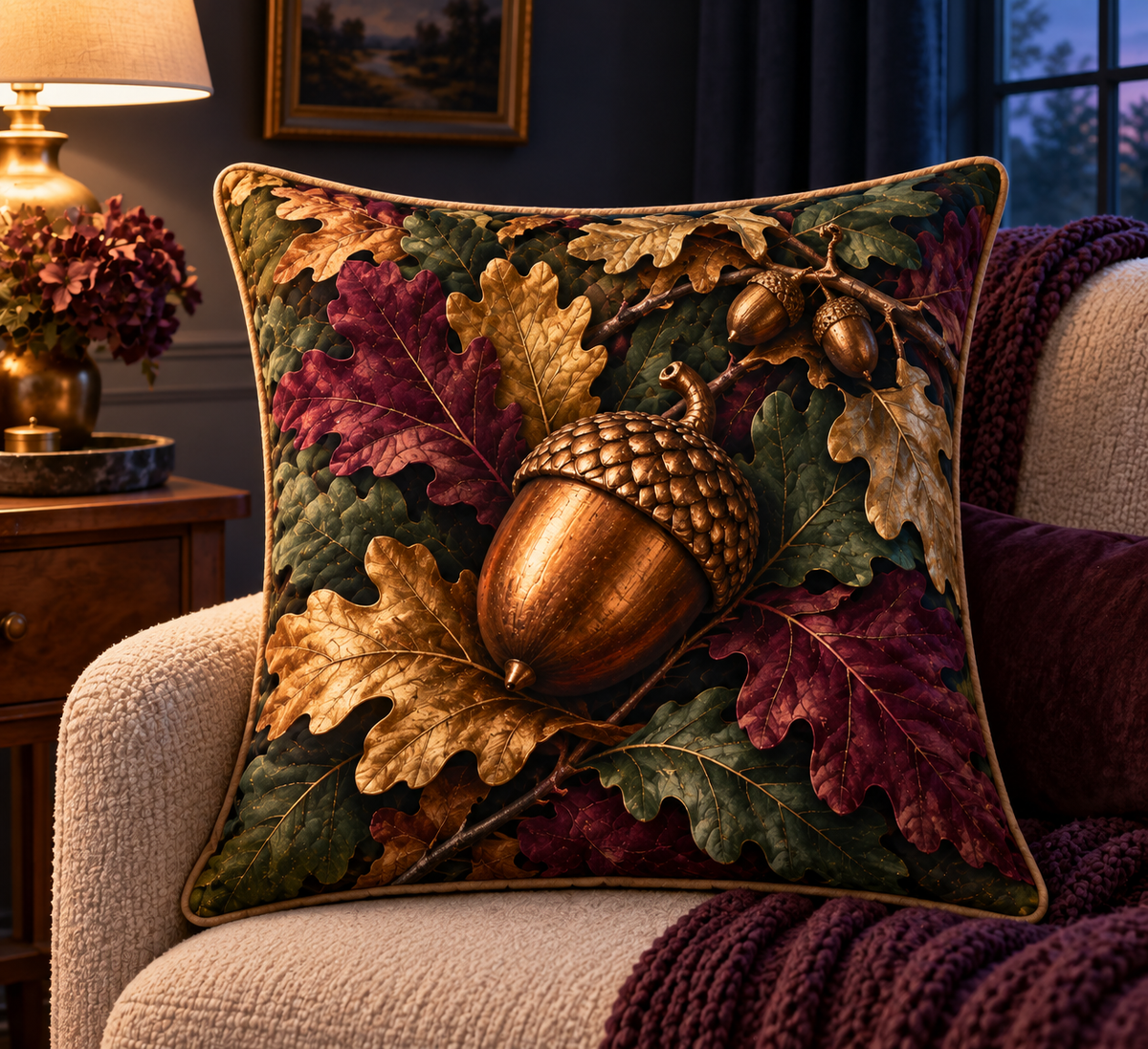 Copper Acorn Canopy Bedroom Quilted Cushion Cover with printed optical 3D artwork in its use setting