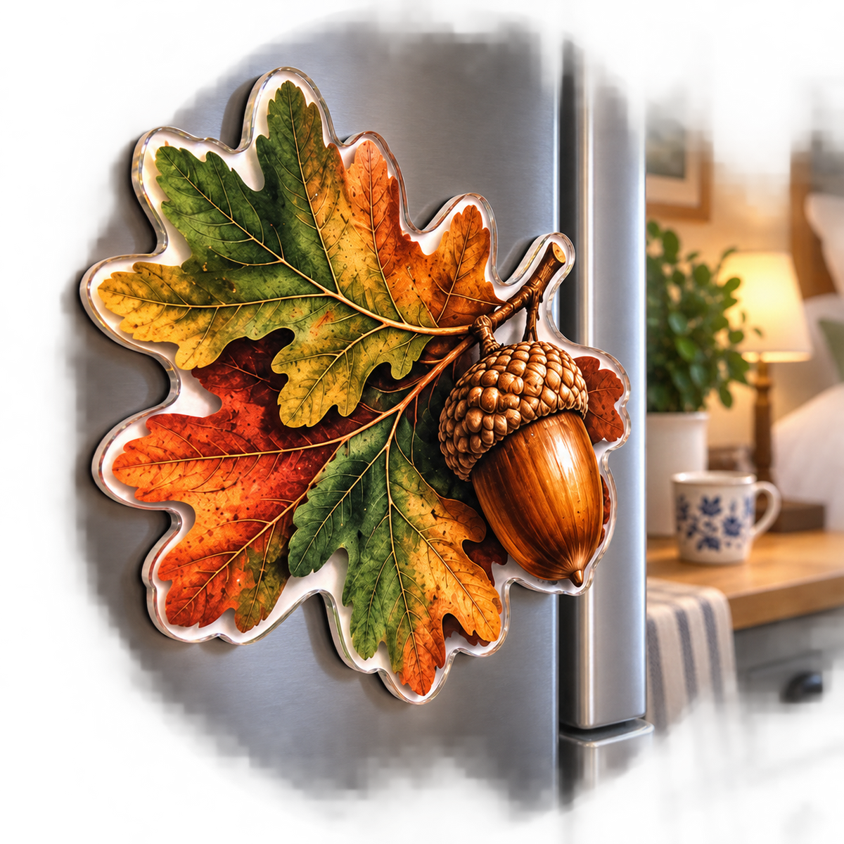 Copper Acorn Canopy Bedroom Acrylic Refrigerator Magnet with printed optical 3D artwork in its use setting