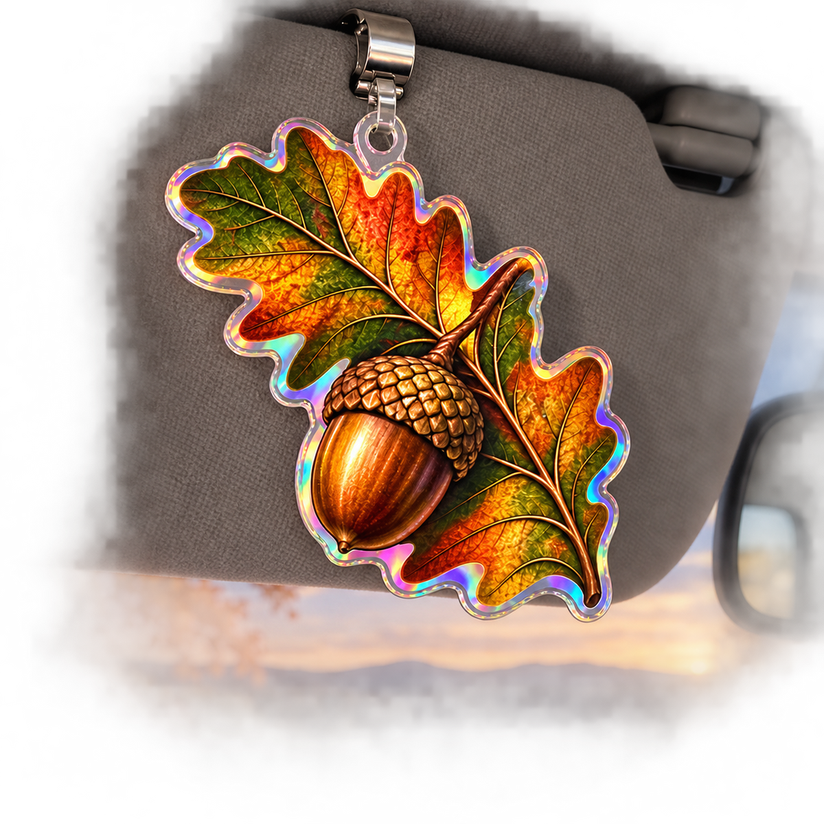 Copper Acorn Canopy Bedroom Holographic Car Visor Clip with printed optical 3D artwork in its use setting