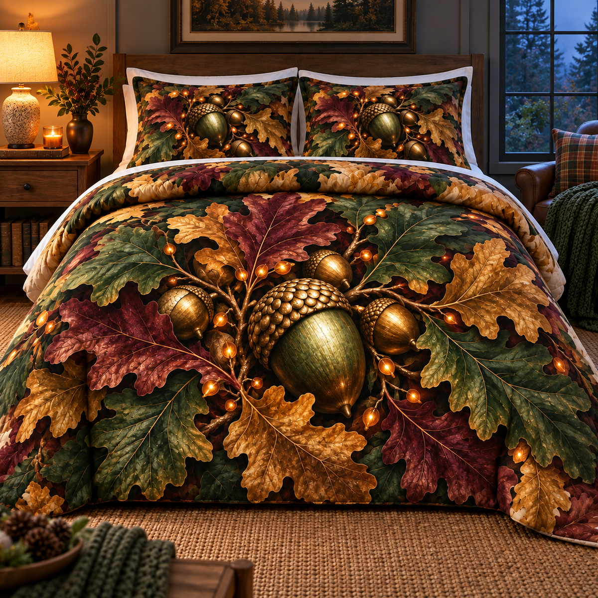 Emberleaf Hearthside Living Quilted Bedding Set with printed optical 3D artwork in its use setting