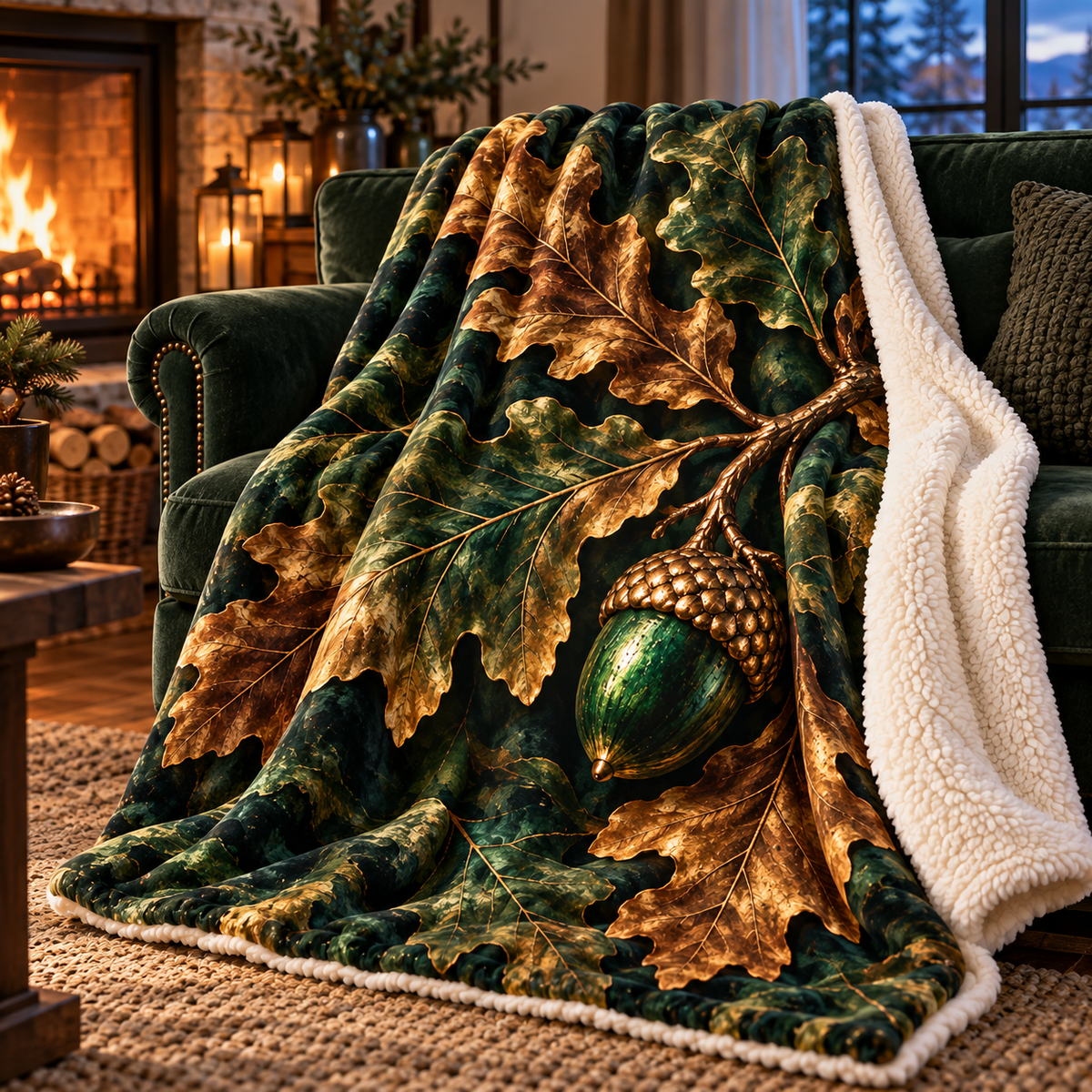 Emberleaf Hearthside Living Sherpa & Fleece Blanket with printed optical 3D artwork in its use setting