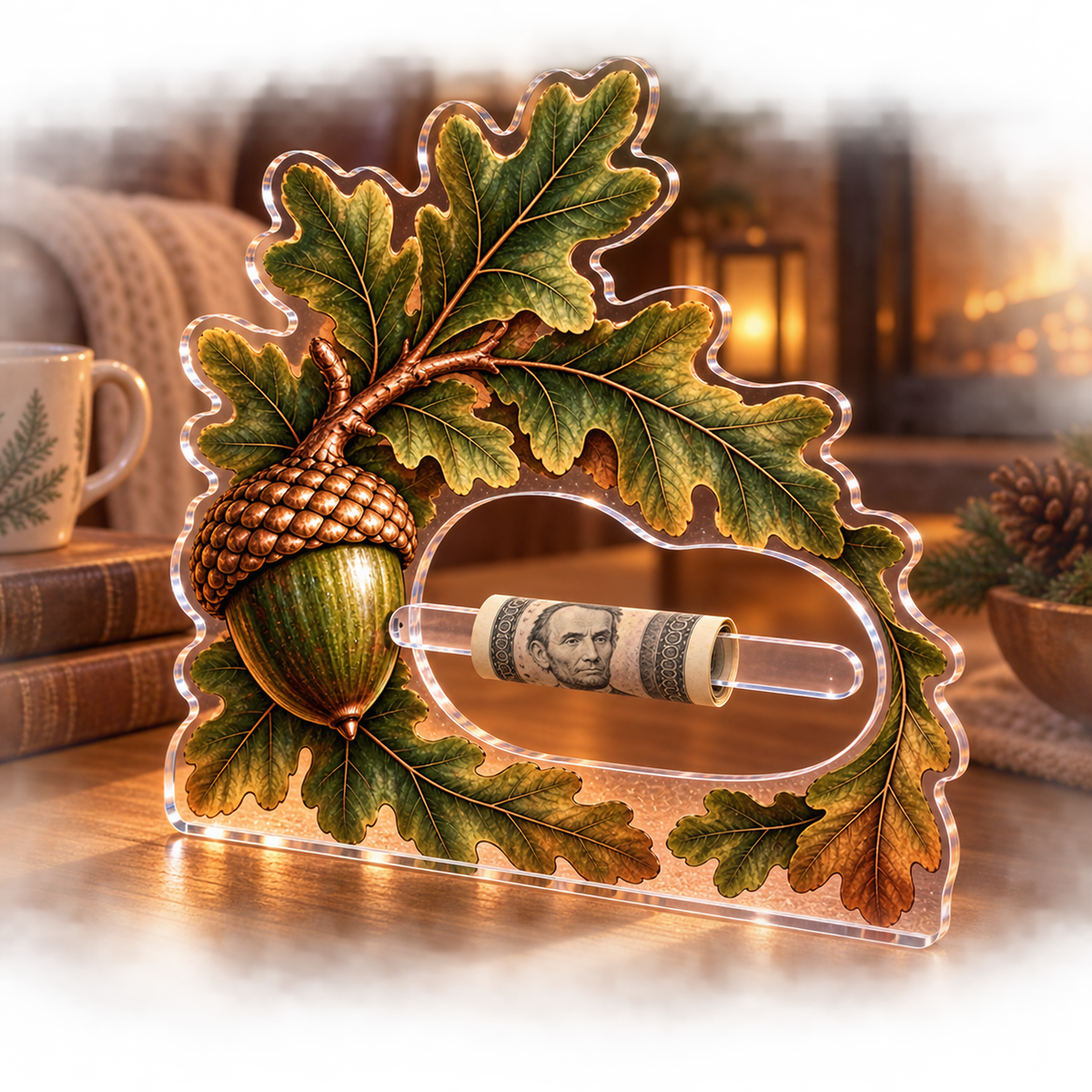 Emberleaf Hearthside Living Acrylic Cash Holder Ornament with printed optical 3D artwork in its use setting