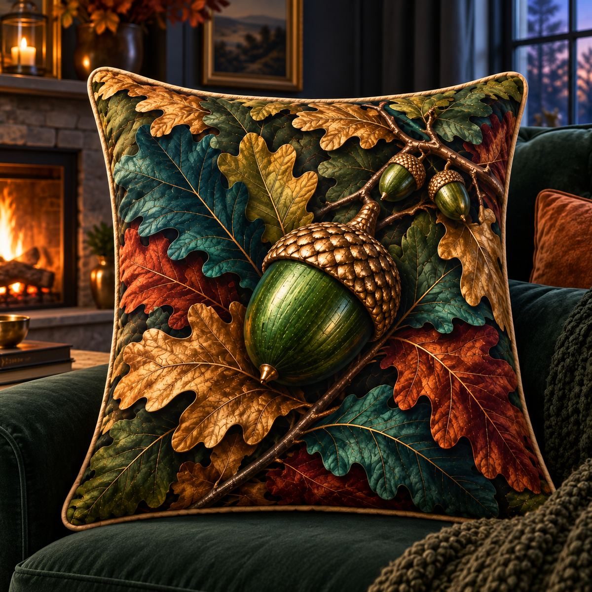 Emberleaf Hearthside Living Quilted Cushion Cover with printed optical 3D artwork in its use setting