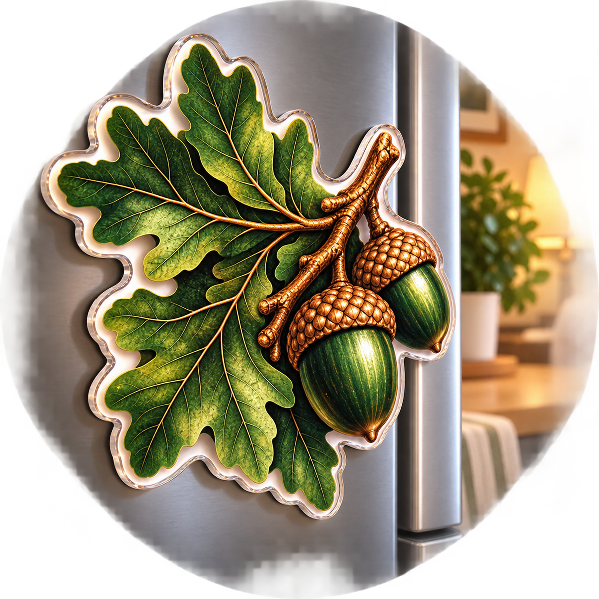 Emberleaf Hearthside Living Acrylic Refrigerator Magnet with printed optical 3D artwork in its use setting