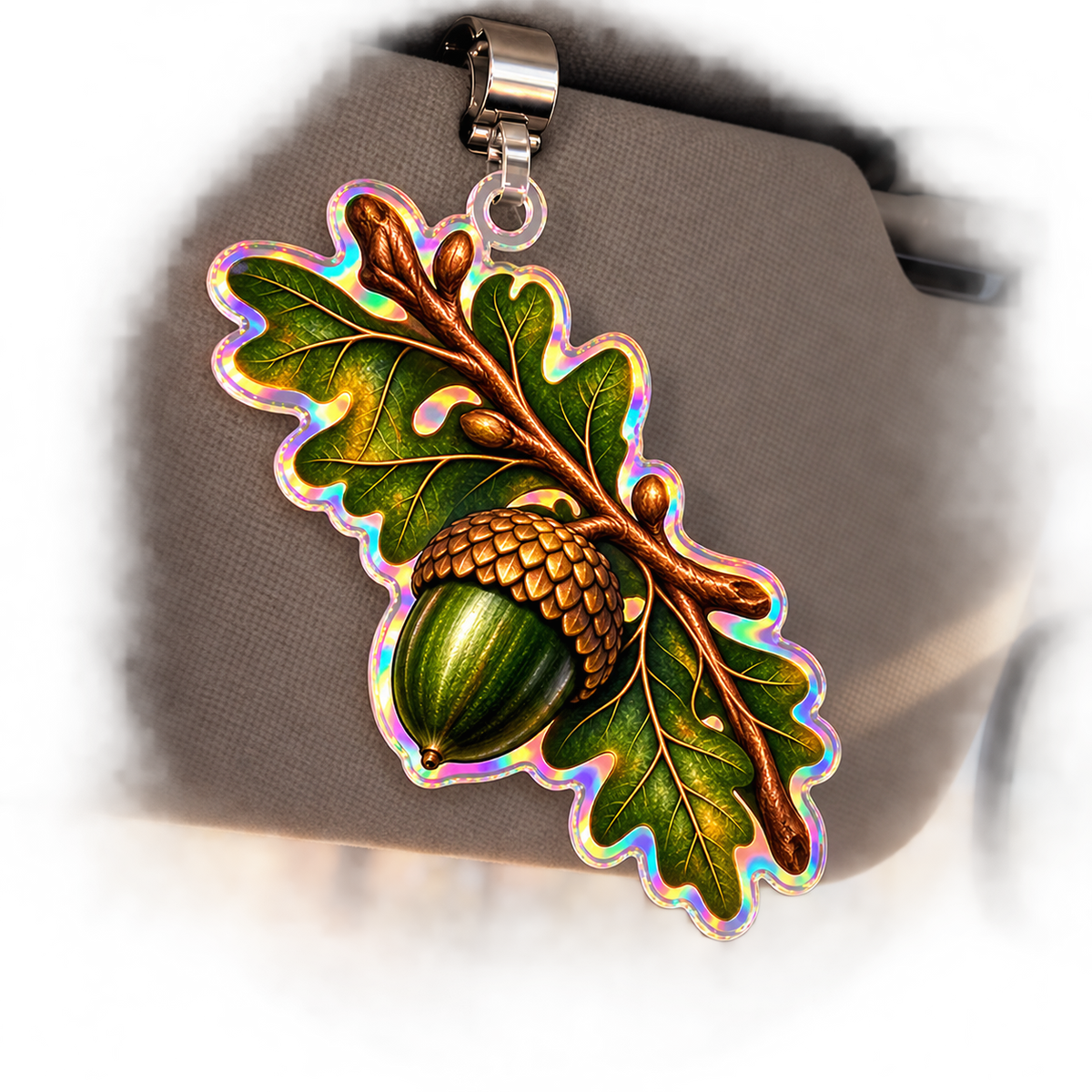 Emberleaf Hearthside Living Holographic Car Visor Clip with printed optical 3D artwork in its use setting
