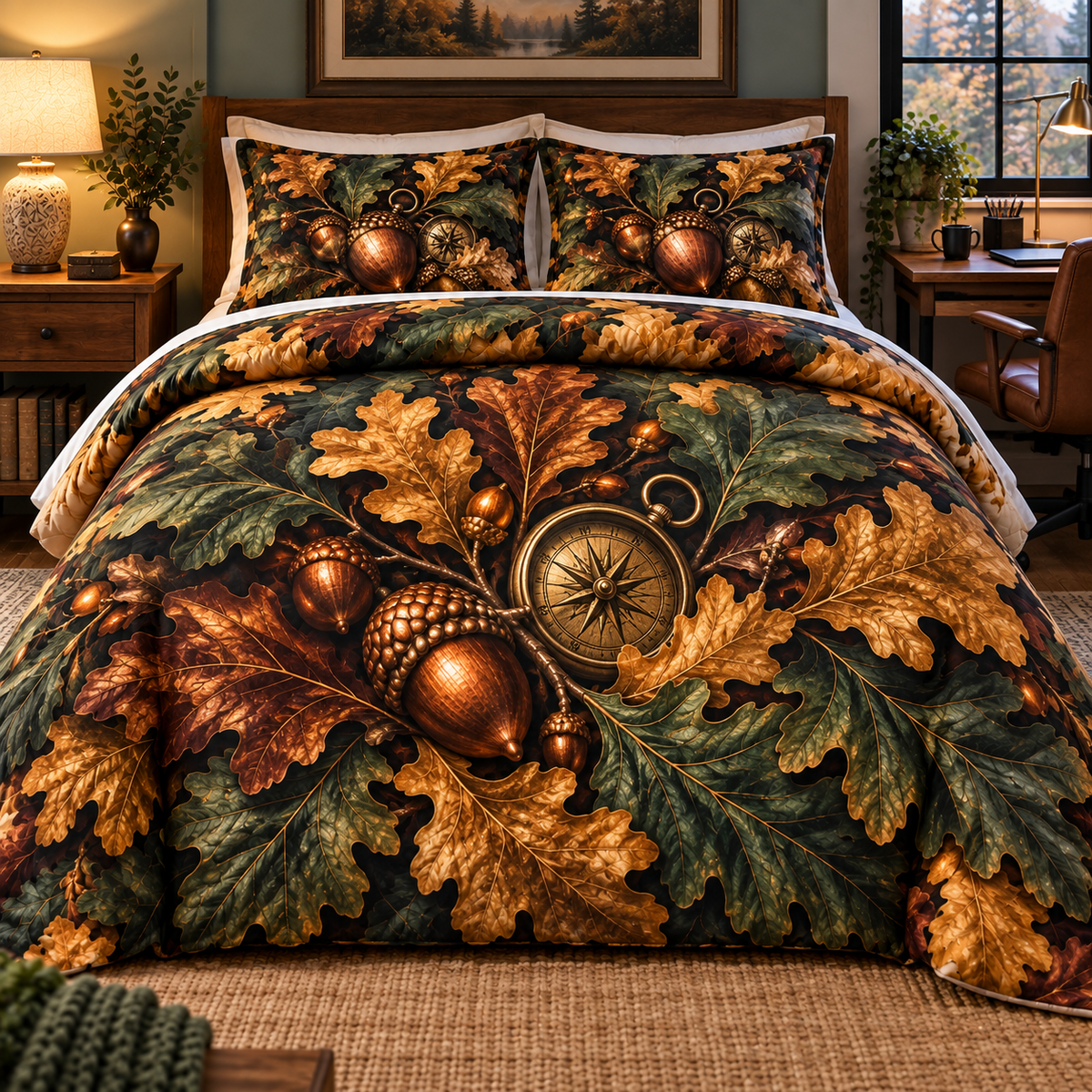 Brass Acorn Study Desk Quilted Bedding Set with printed optical 3D artwork in its use setting