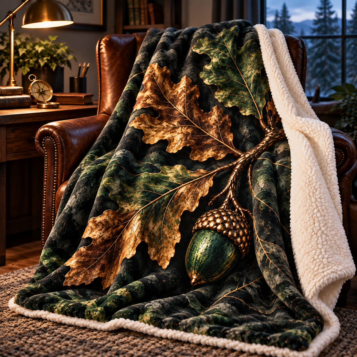 Brass Acorn Study Desk Sherpa & Fleece Blanket with printed optical 3D artwork in its use setting