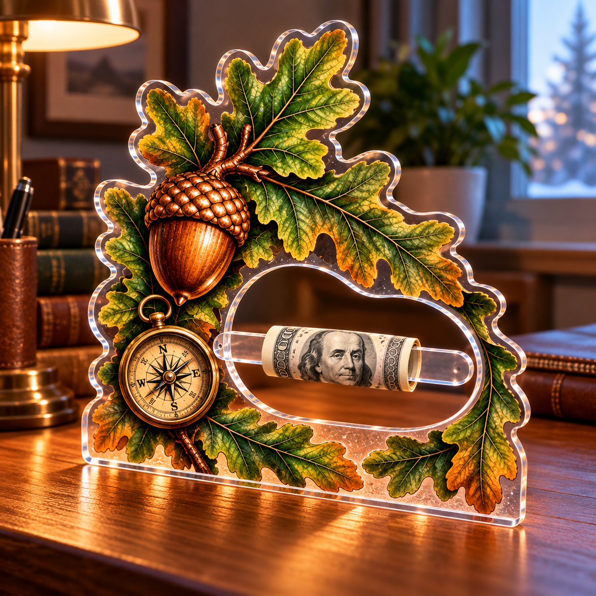 Brass Acorn Study Desk Acrylic Cash Holder Ornament with printed optical 3D artwork in its use setting