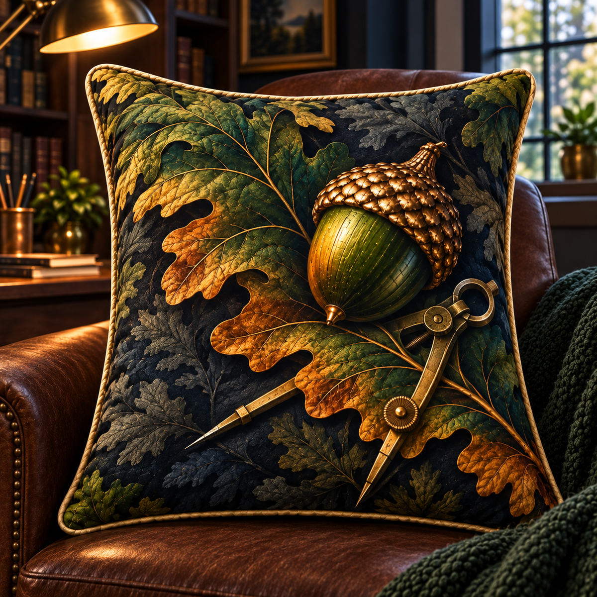 Brass Acorn Study Desk Quilted Cushion Cover with printed optical 3D artwork in its use setting