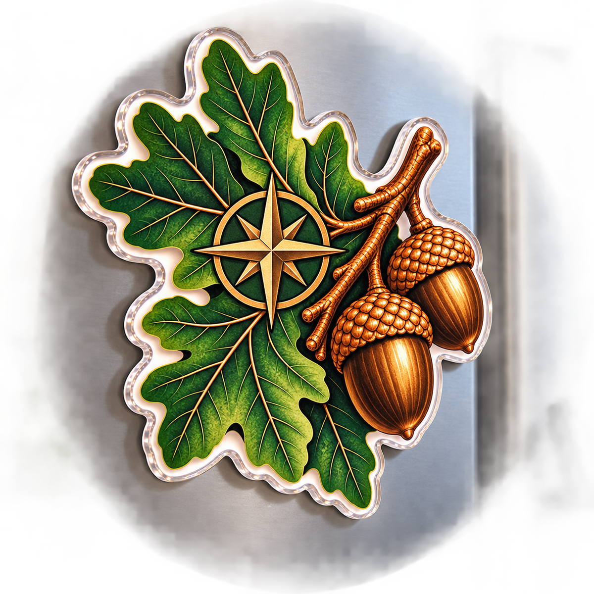 Brass Acorn Study Desk Acrylic Refrigerator Magnet with printed optical 3D artwork in its use setting