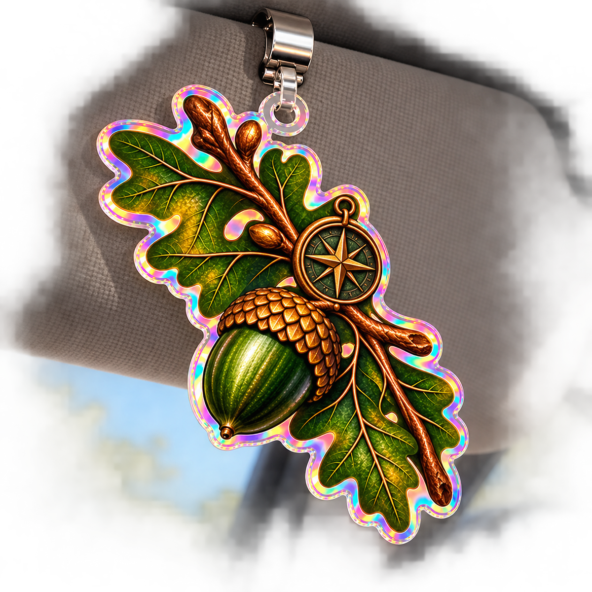 Brass Acorn Study Desk Holographic Car Visor Clip with printed optical 3D artwork in its use setting