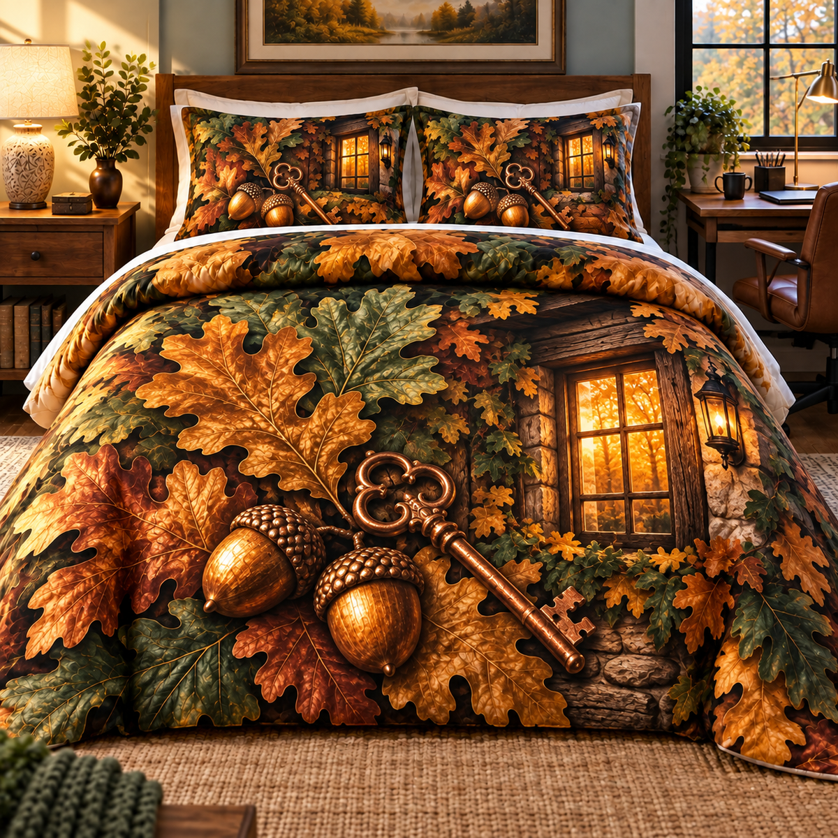 Oakkey New Home Welcome Quilted Bedding Set with printed optical 3D artwork in its use setting