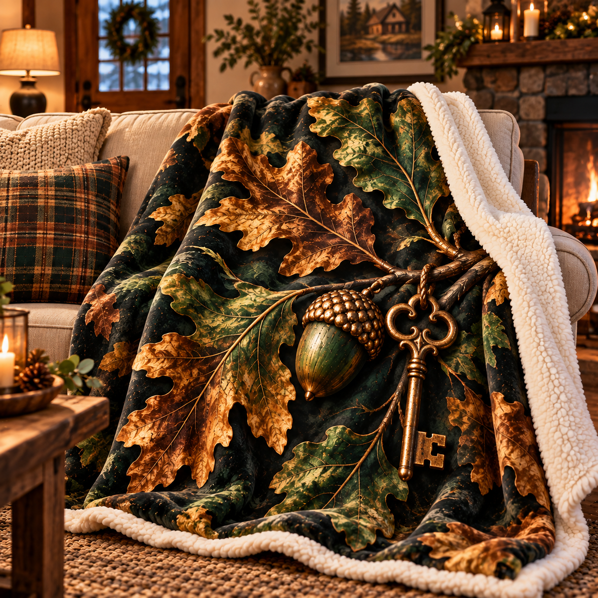 Oakkey New Home Welcome Sherpa & Fleece Blanket with printed optical 3D artwork in its use setting