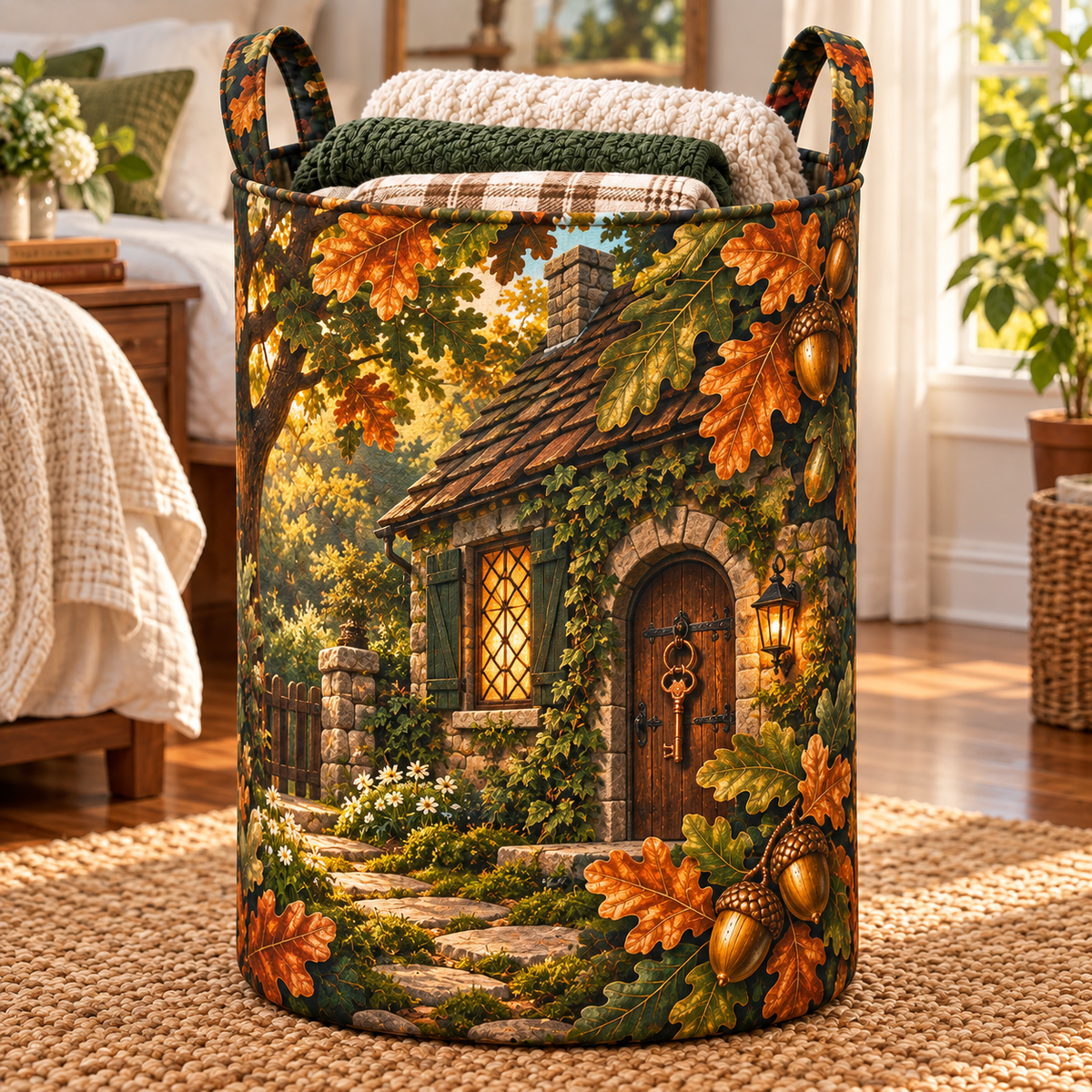Oakkey New Home Welcome Laundry Hamper with printed optical 3D artwork in its use setting