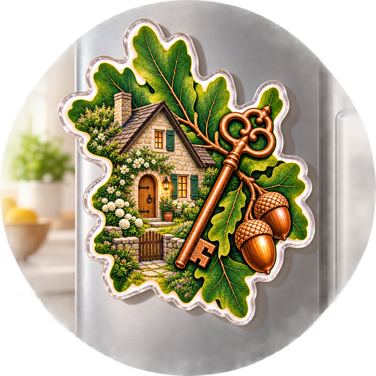 Oakkey New Home Welcome Acrylic Refrigerator Magnet with printed optical 3D artwork in its use setting