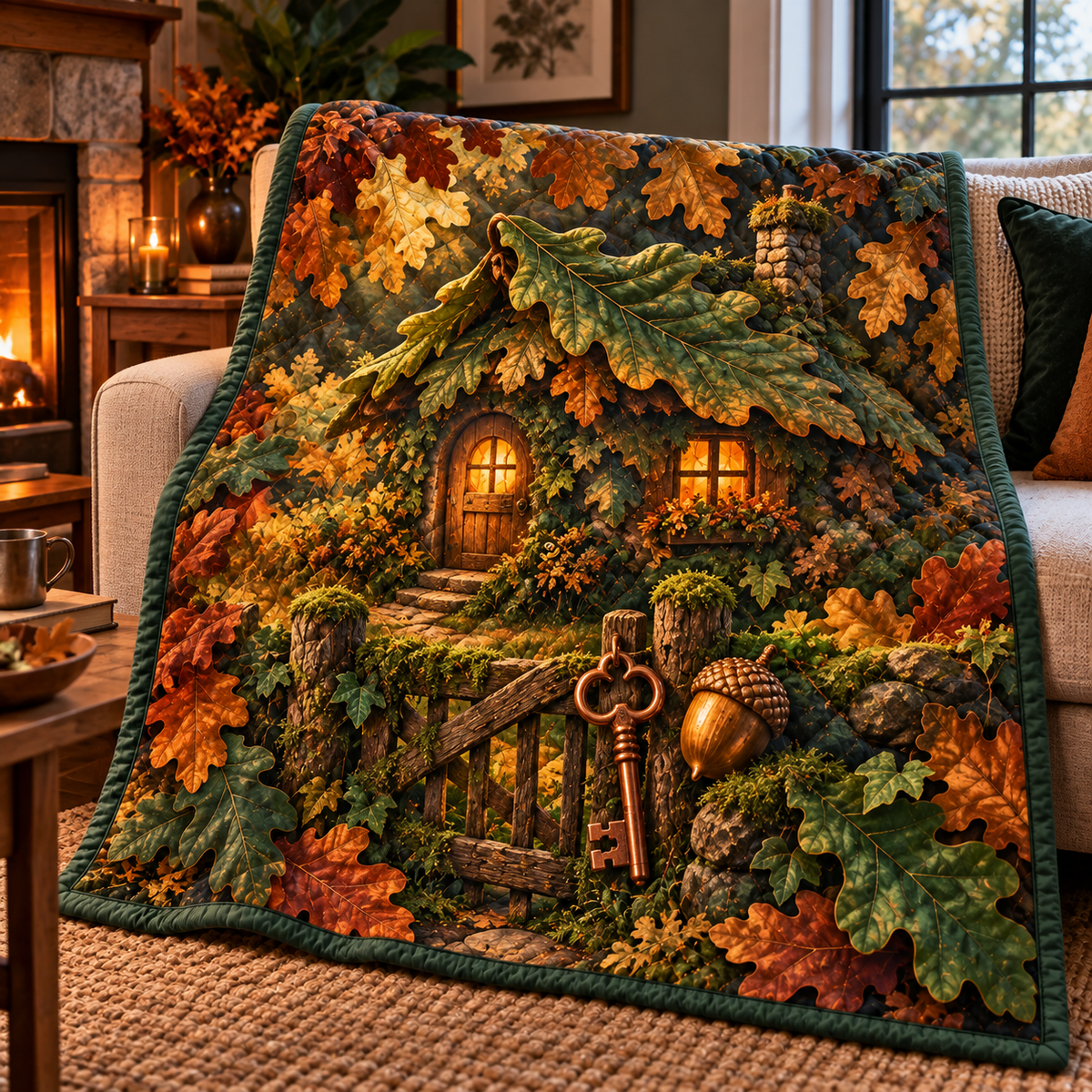 Oakkey New Home Welcome Quilt Blanket with printed optical 3D artwork in its use setting