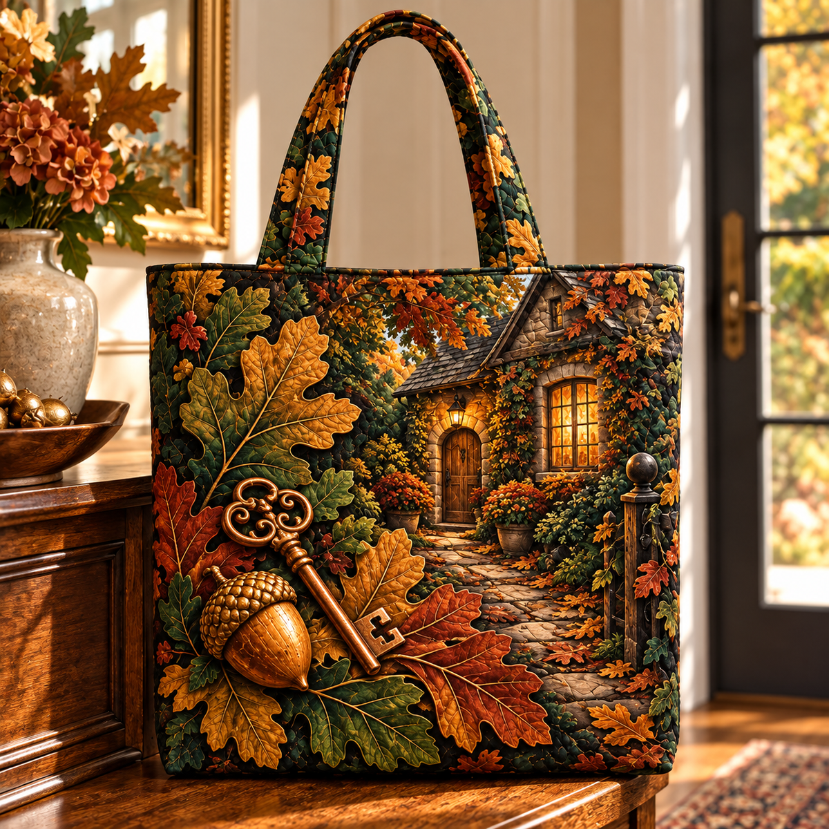 Oakkey New Home Welcome Quilted Tote Bag with printed optical 3D artwork in its use setting