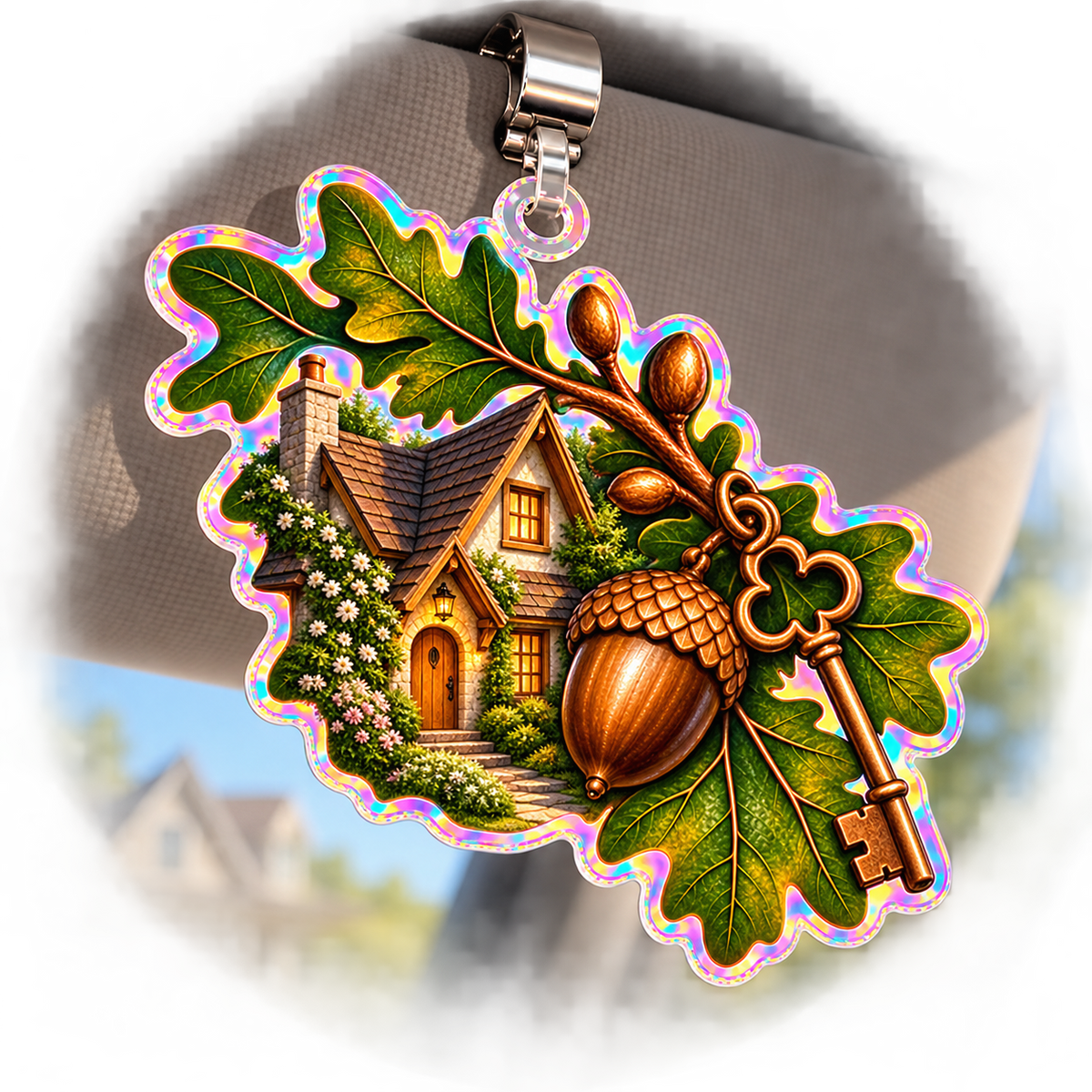 Oakkey New Home Welcome Holographic Car Visor Clip with printed optical 3D artwork in its use setting