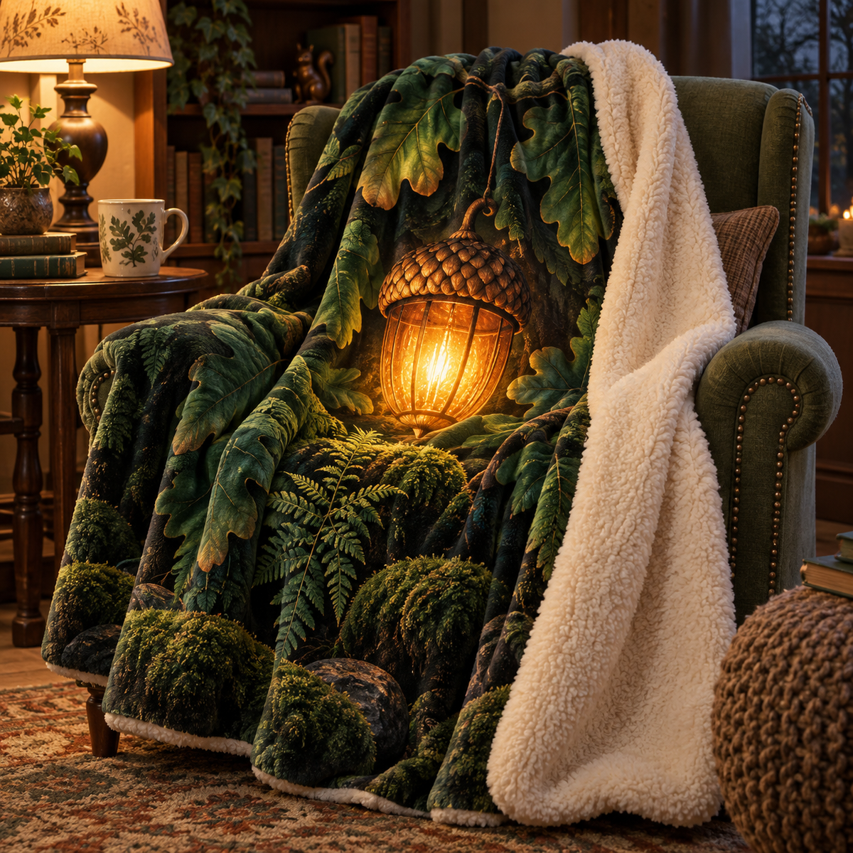 Stillacorn Quiet Corner Sherpa & Fleece Blanket with printed optical 3D artwork in its use setting