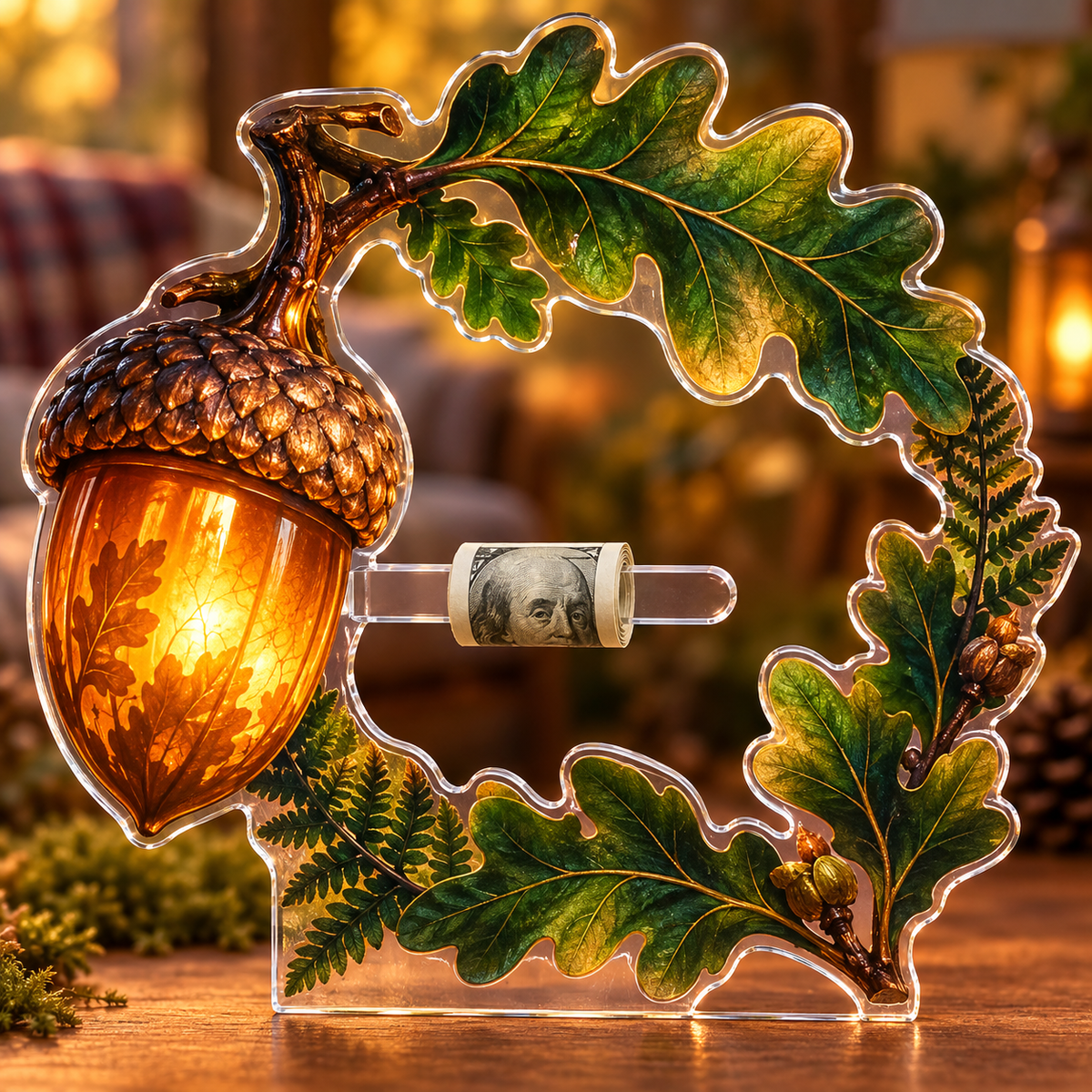 Stillacorn Quiet Corner Acrylic Cash Holder Ornament with printed optical 3D artwork in its use setting