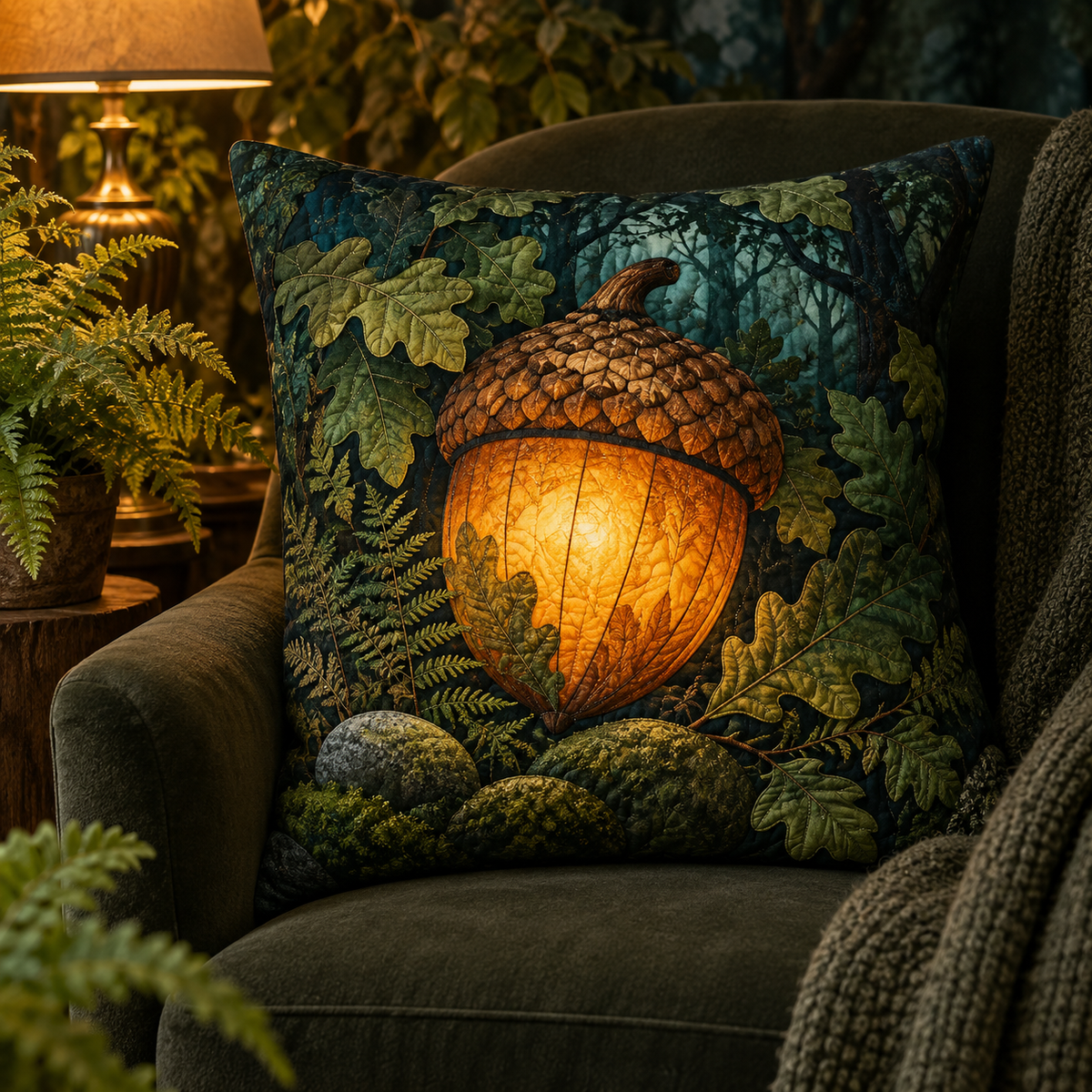 Stillacorn Quiet Corner Quilted Cushion Cover with printed optical 3D artwork in its use setting