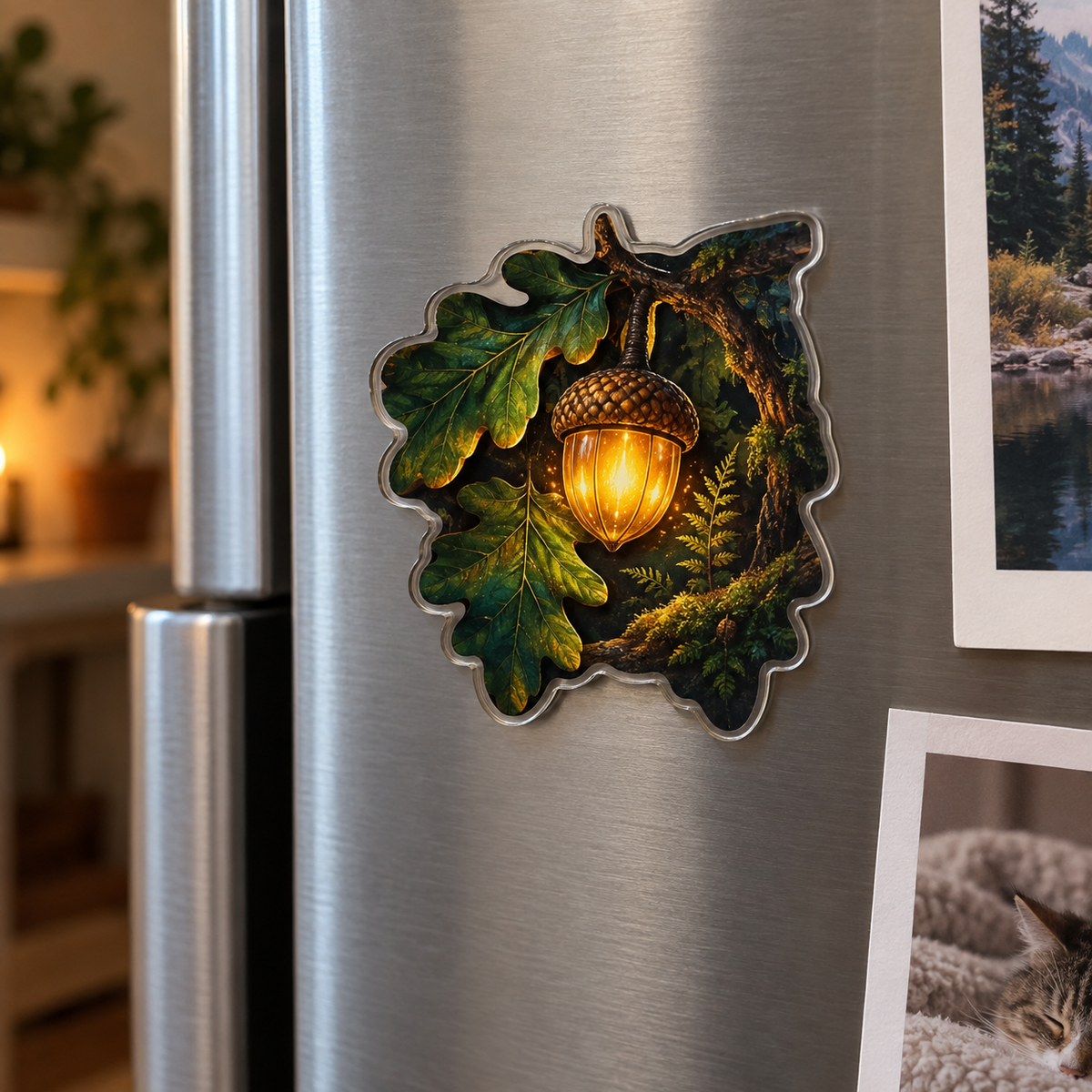 Stillacorn Quiet Corner Acrylic Refrigerator Magnet with printed optical 3D artwork in its use setting