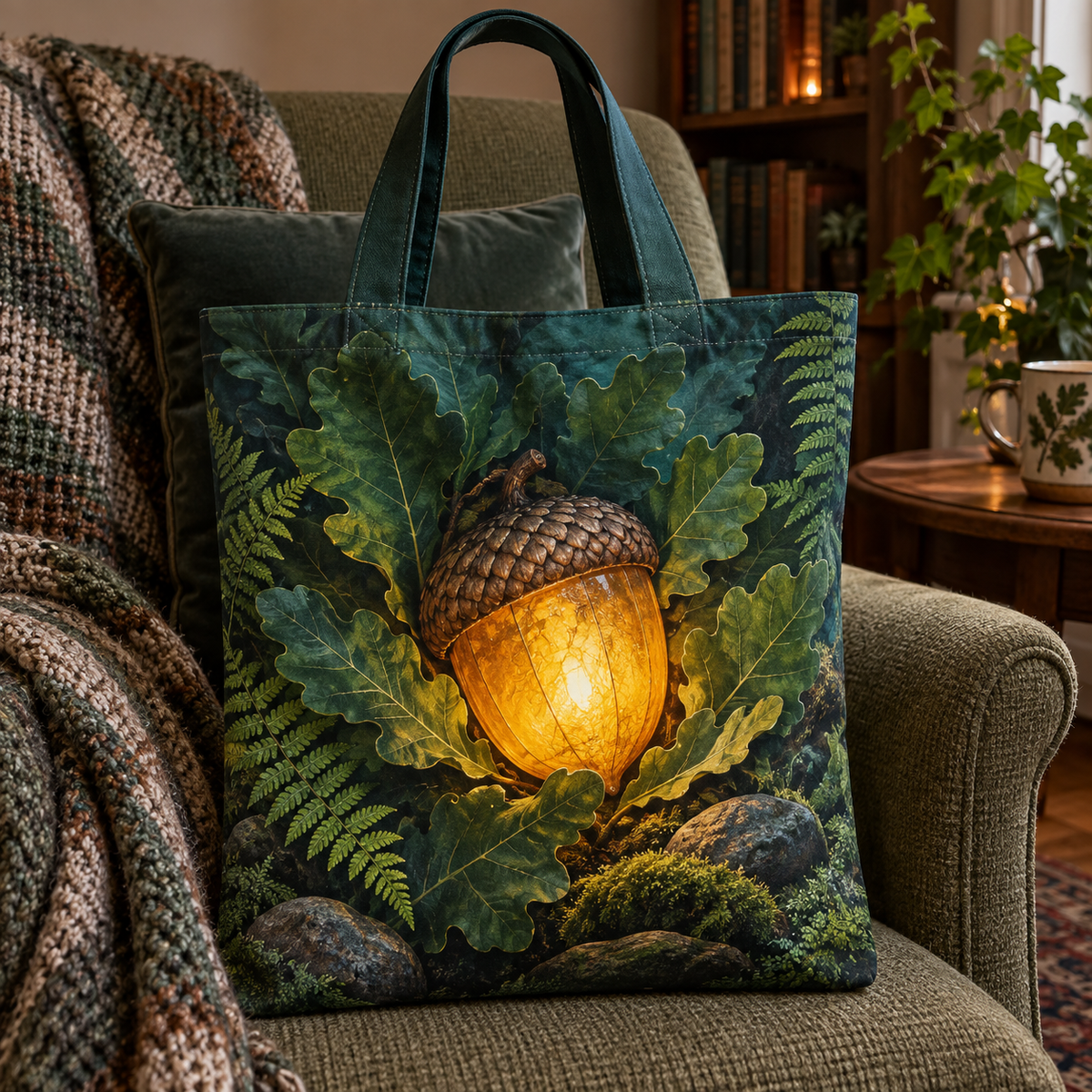 Stillacorn Quiet Corner Quilted Tote Bag with printed optical 3D artwork in its use setting