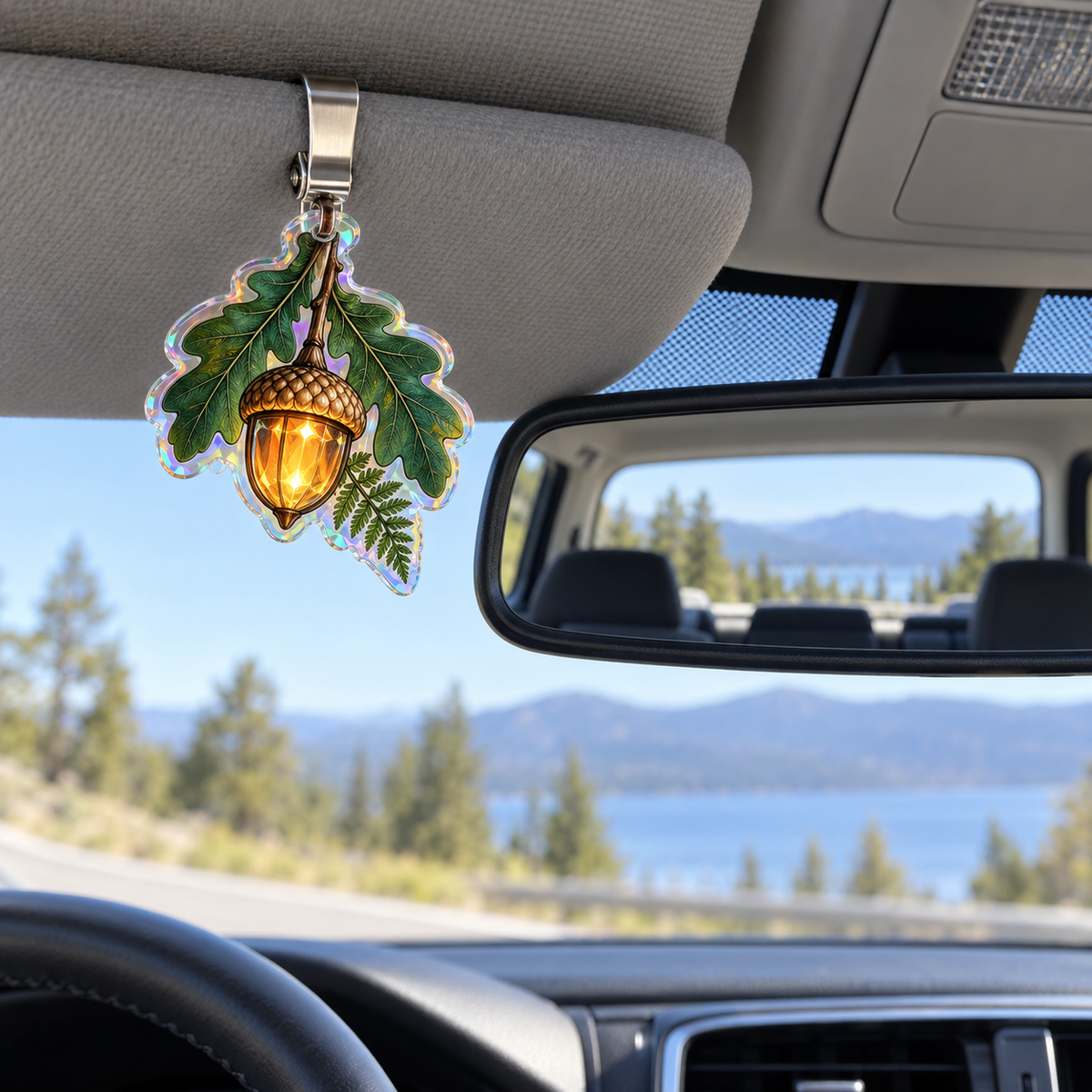 Stillacorn Quiet Corner Holographic Car Visor Clip with printed optical 3D artwork in its use setting