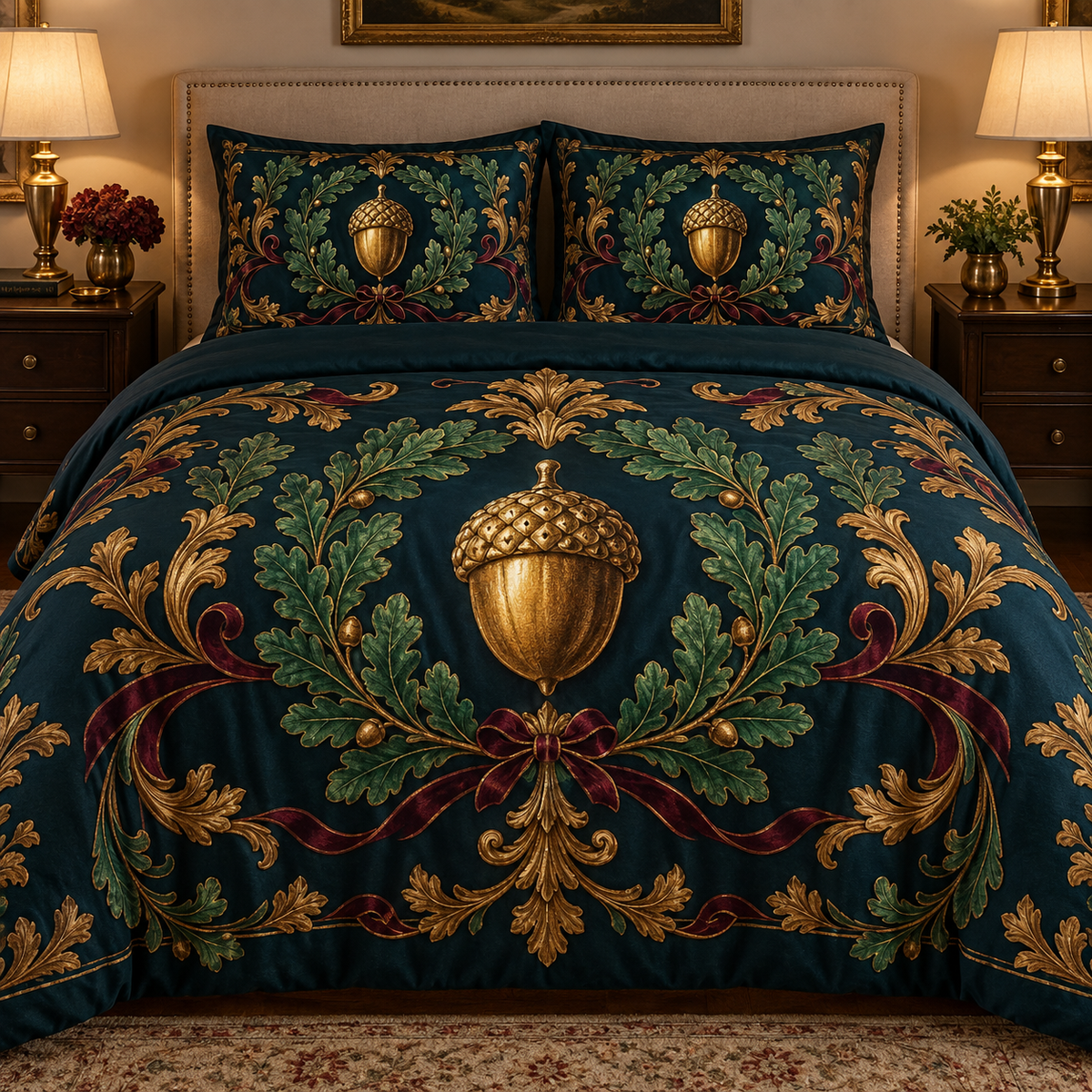 Gilded Acorn Collector Birthday Quilted Bedding Set with printed optical 3D artwork in its use setting