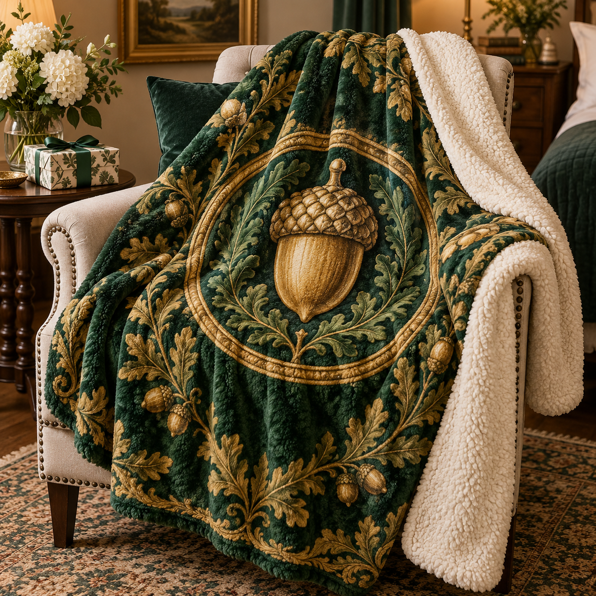 Gilded Acorn Collector Birthday Sherpa & Fleece Blanket with printed optical 3D artwork in its use setting