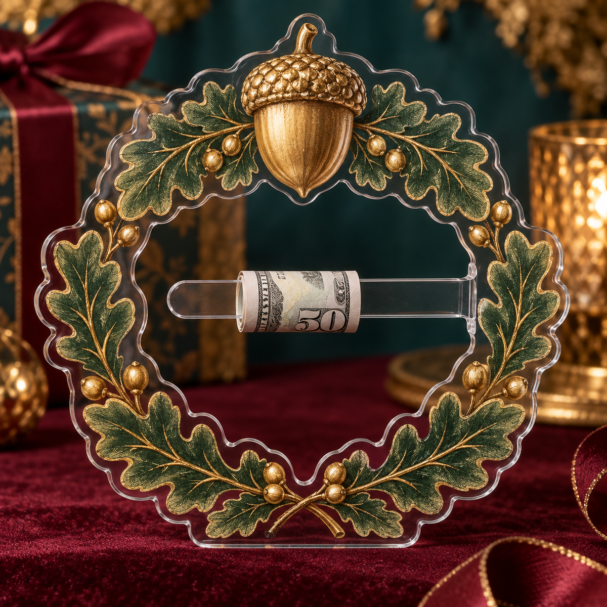 Gilded Acorn Collector Birthday Acrylic Cash Holder Ornament with printed optical 3D artwork in its use setting